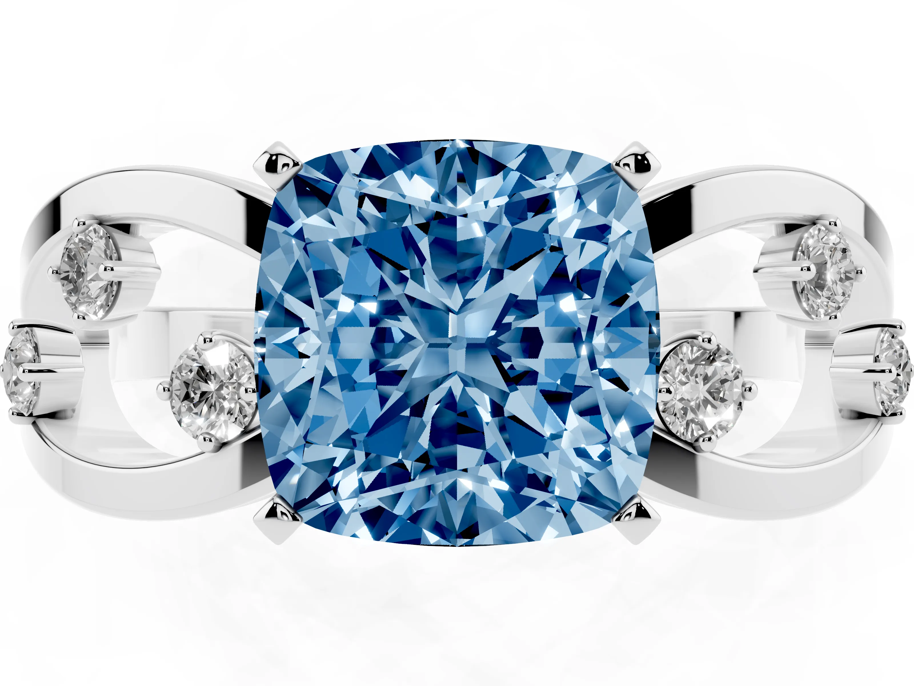 Fancy Blue Cushion Cut Diamond Solitaire Ring Set in Platinum with Side Stones on Criss-Cross Band and Prong Setting