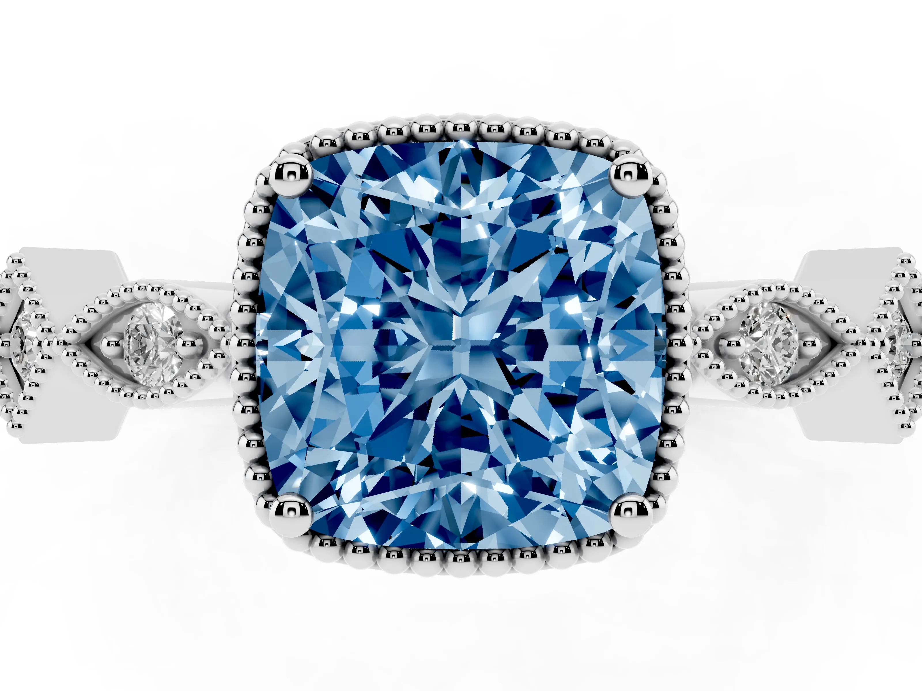 Fancy Blue Cushion Cut Diamond Milgrain Marquise Twist Band Ring Set in Platinum with Prong Setting