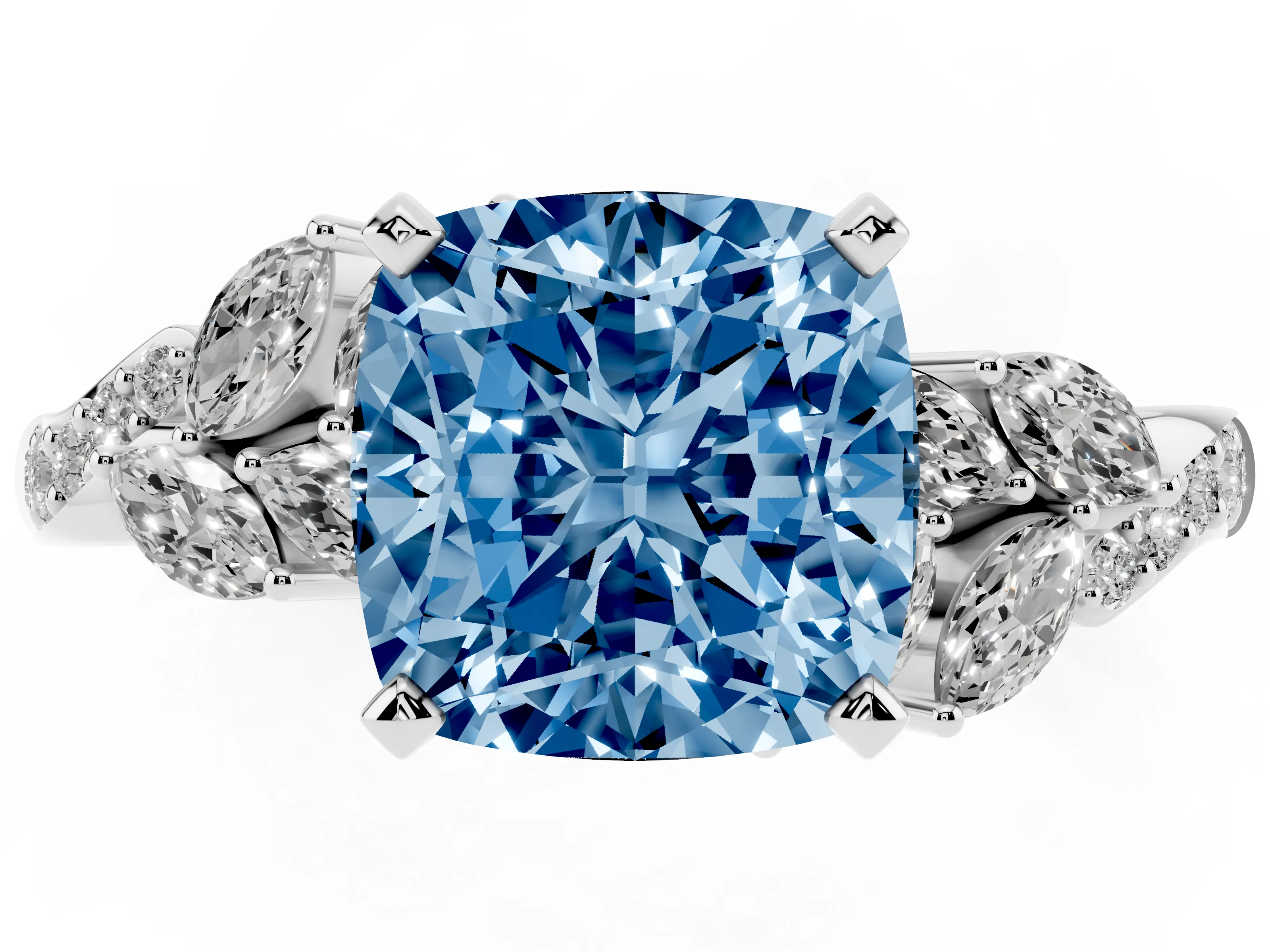 Fancy Blue Cushion Cut Diamond Solitaire Ring Set in White gold with Marquise Twist Band and Prong Setting