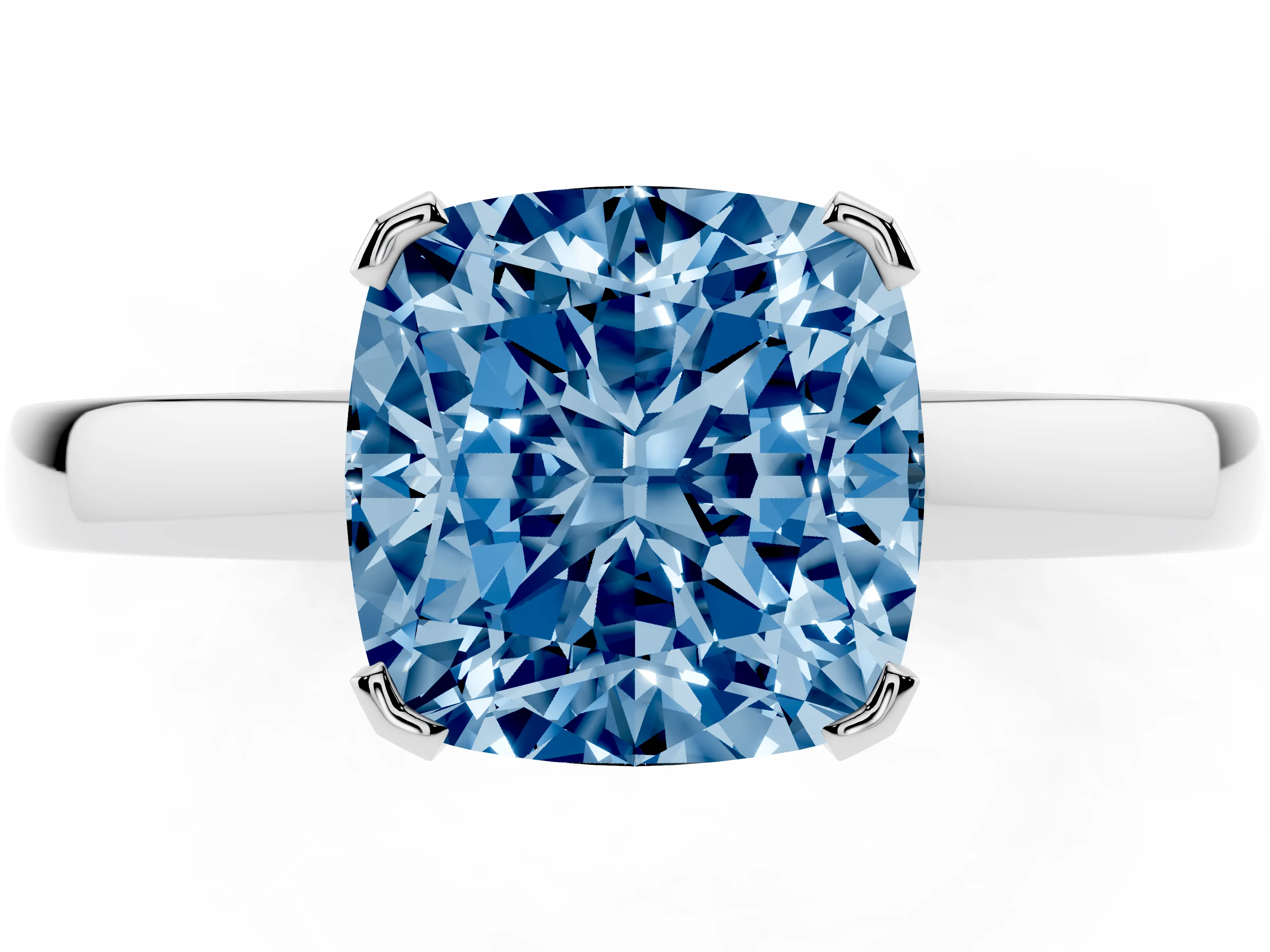 Fancy Blue Cushion Cut Diamond Solitaire Ring Set in Silver with Prong Head and Smooth Polished Band