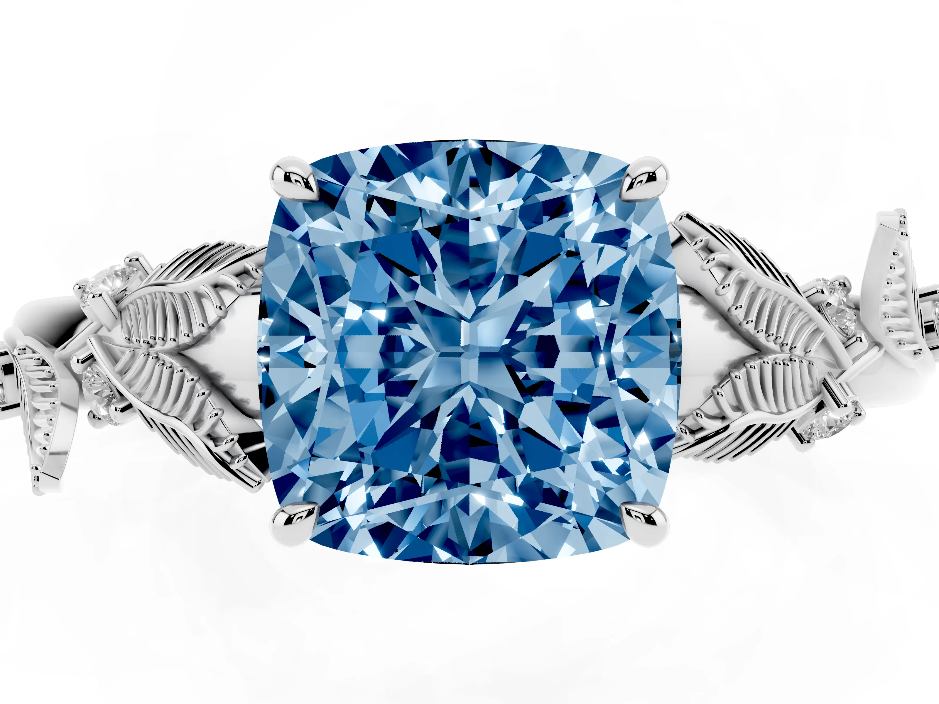 Fancy Blue Cushion Cut Diamond Solitaire Ring Set in Silver with Leaf Motif Band