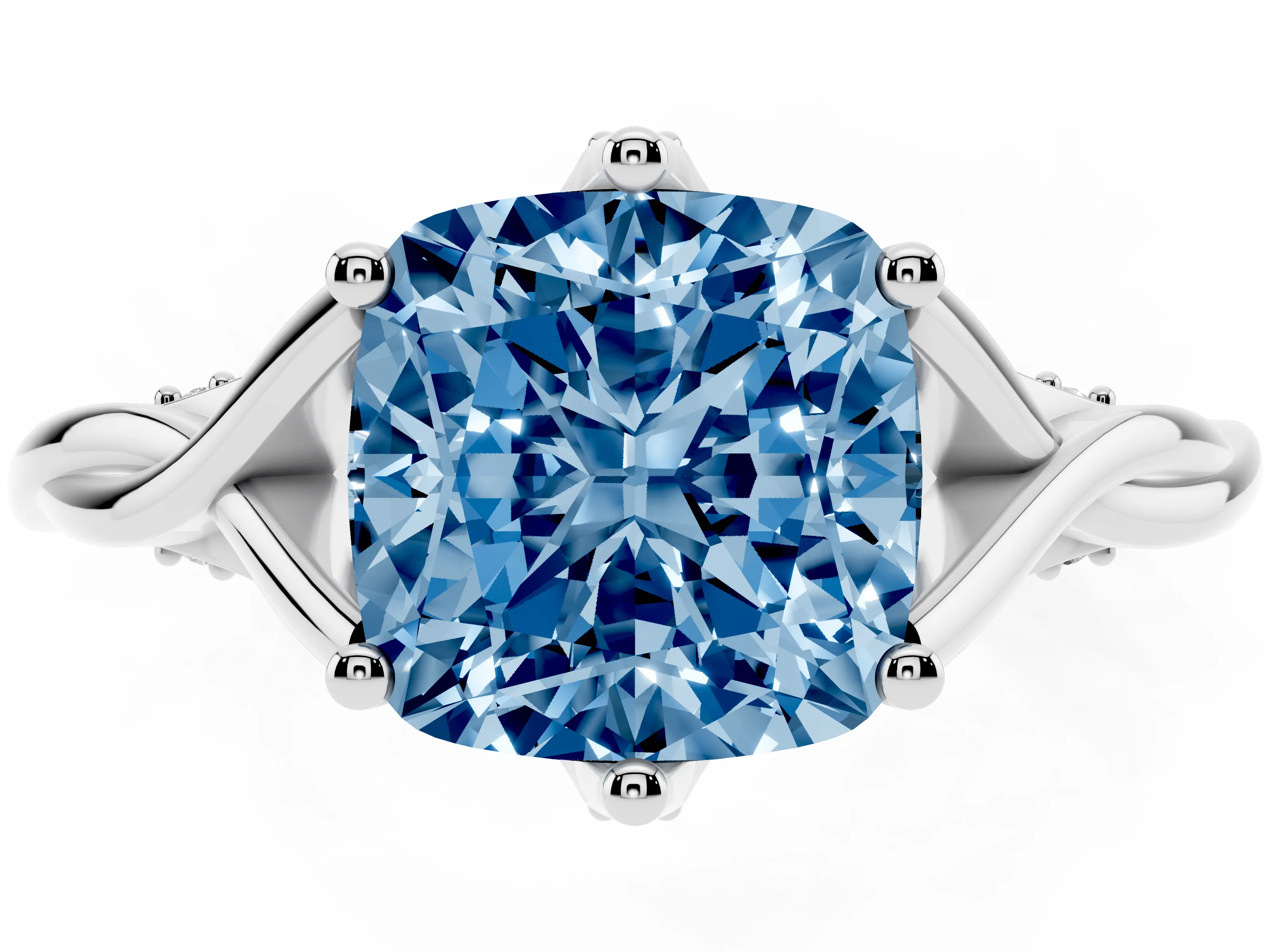 Fancy Blue Cushion Cut Diamond Intertwined Twist Band Solitaire Ring Set in White gold with Prong Setting
