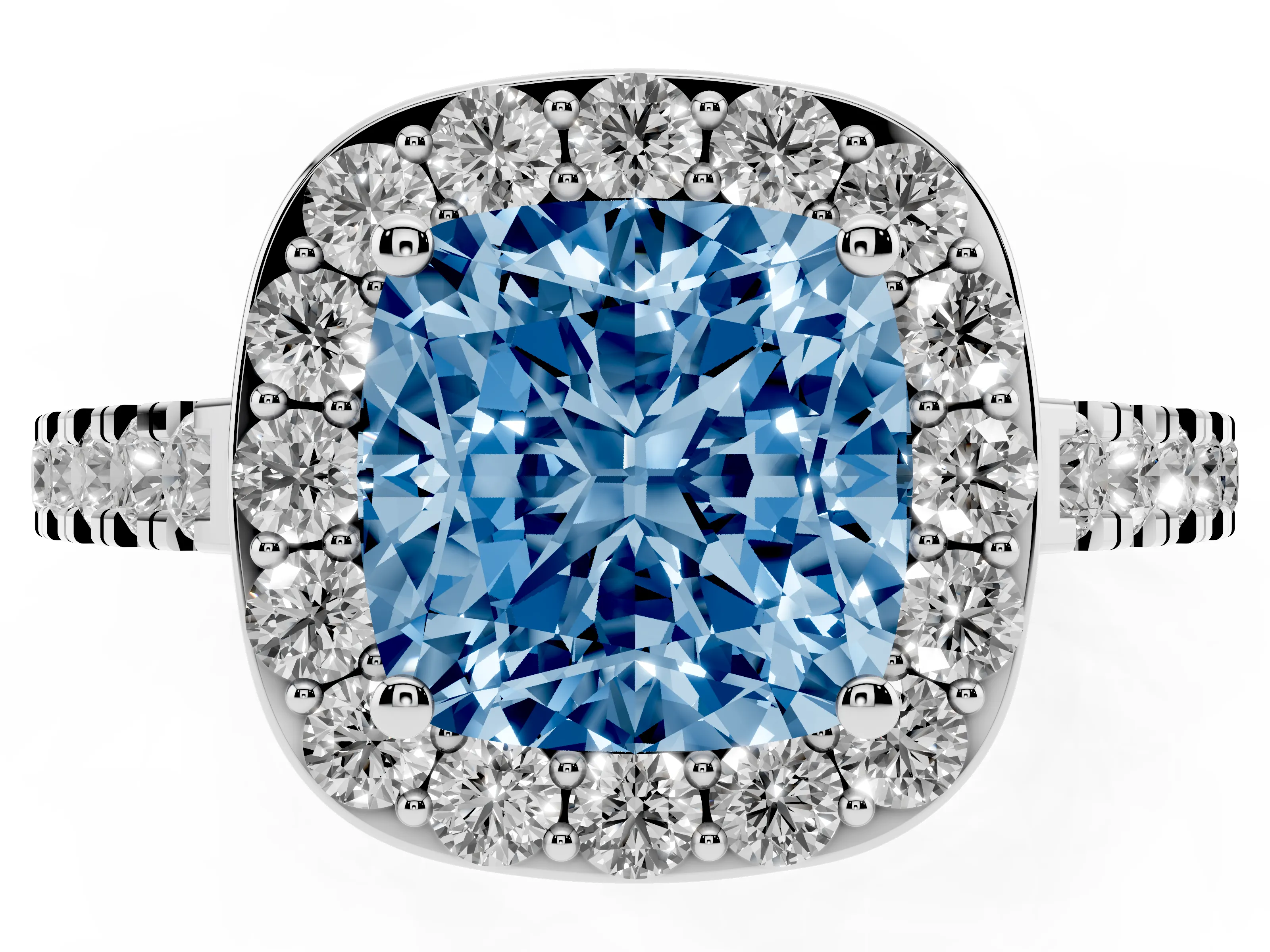 Fancy Blue Cushion Cut Diamond Halo Ring Set in Silver with Round Pavé Split Shank and Prong Setting