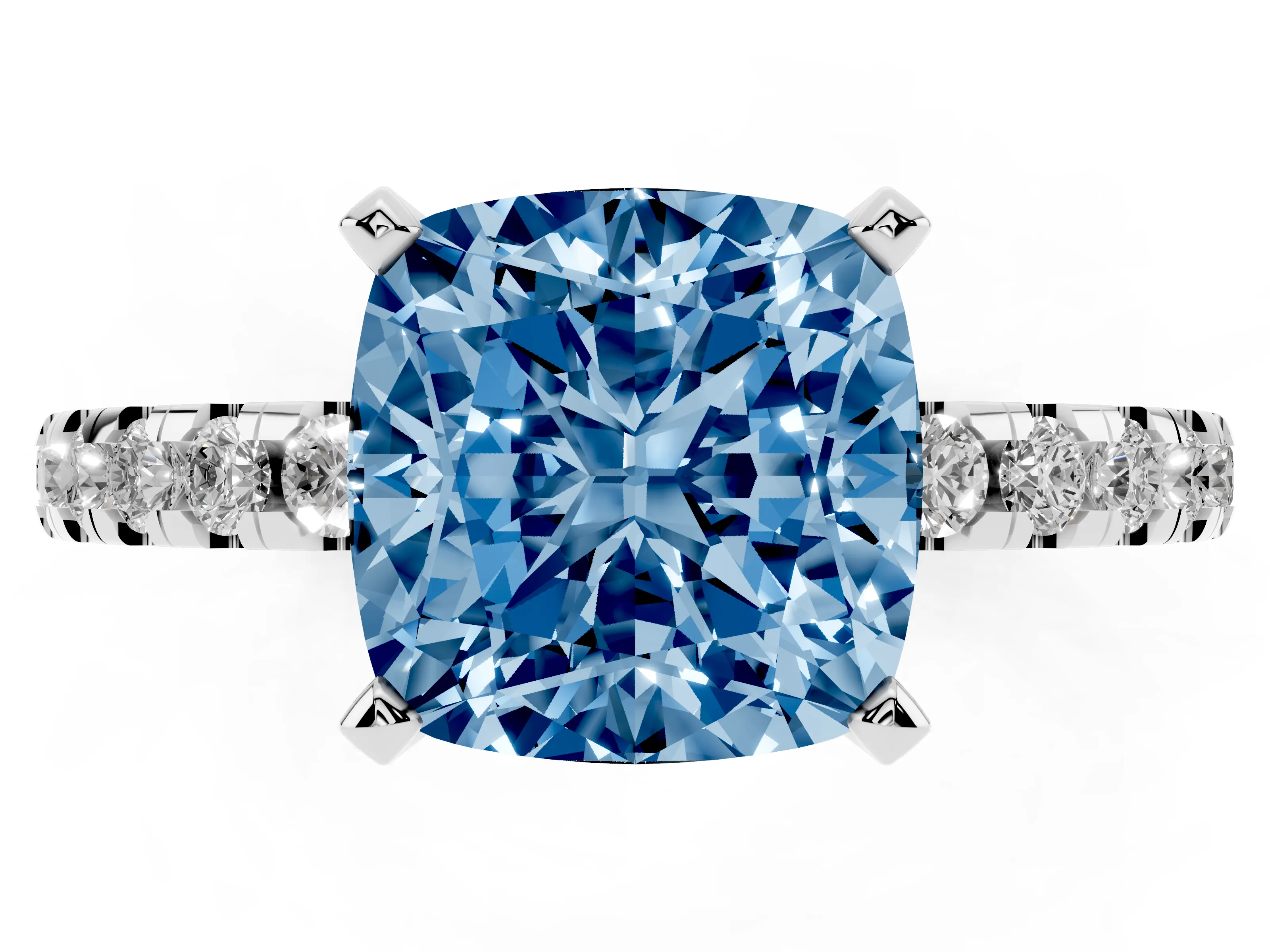 Fancy Blue Cushion Cut Diamond Pavé Solitaire Ring Set in White gold with Round Band Accents and Prong Setting