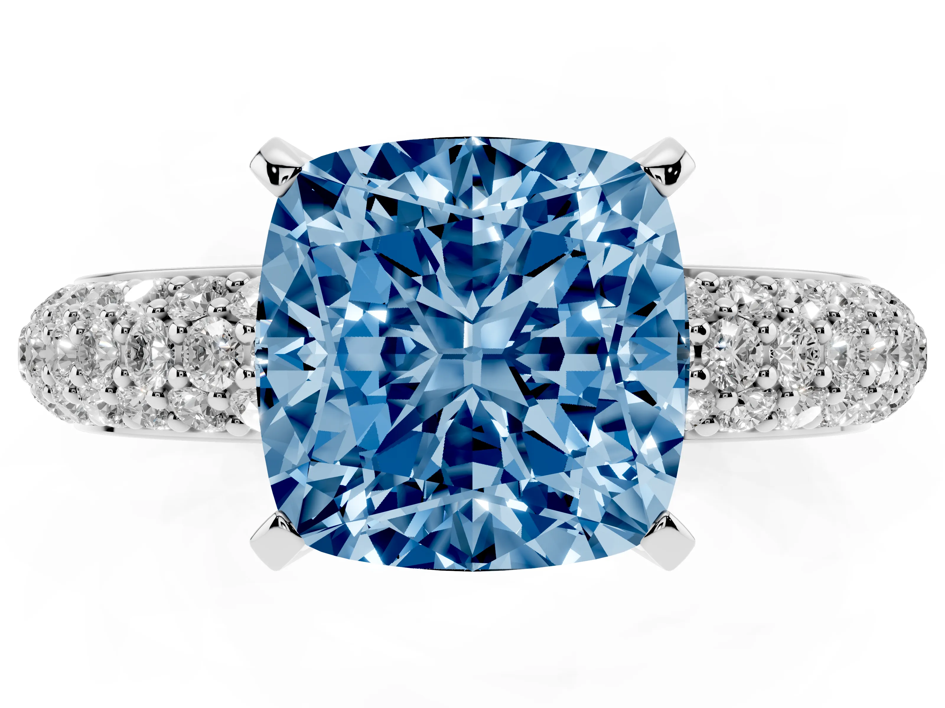 Fancy Blue Cushion Cut Diamond Solitaire Ring Set in White gold with Prong Setting and Pavé-Set Band