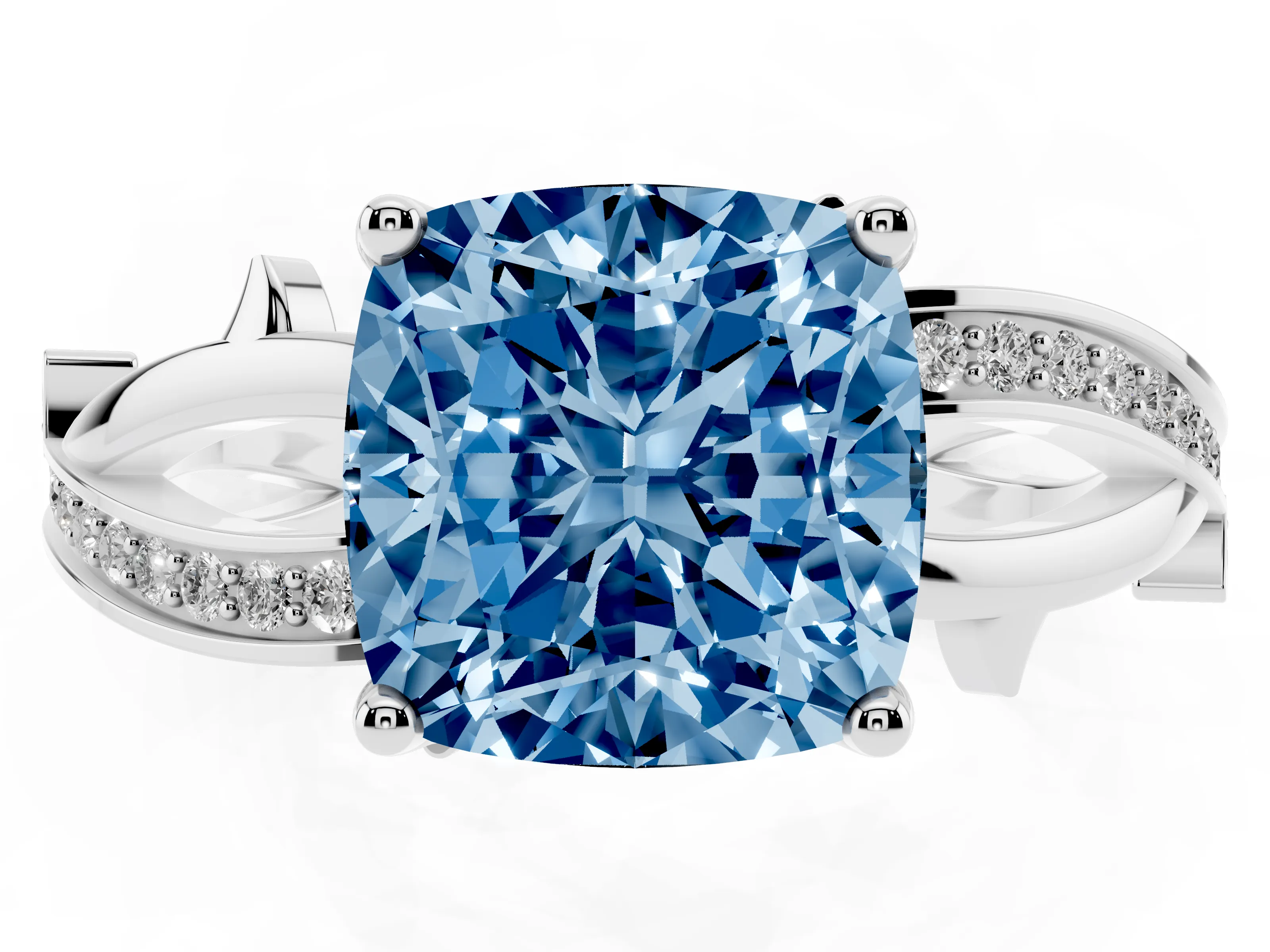 Fancy Blue Cushion Cut Diamond Pavé Twist Band Solitaire Ring Set in Silver with Prong Setting