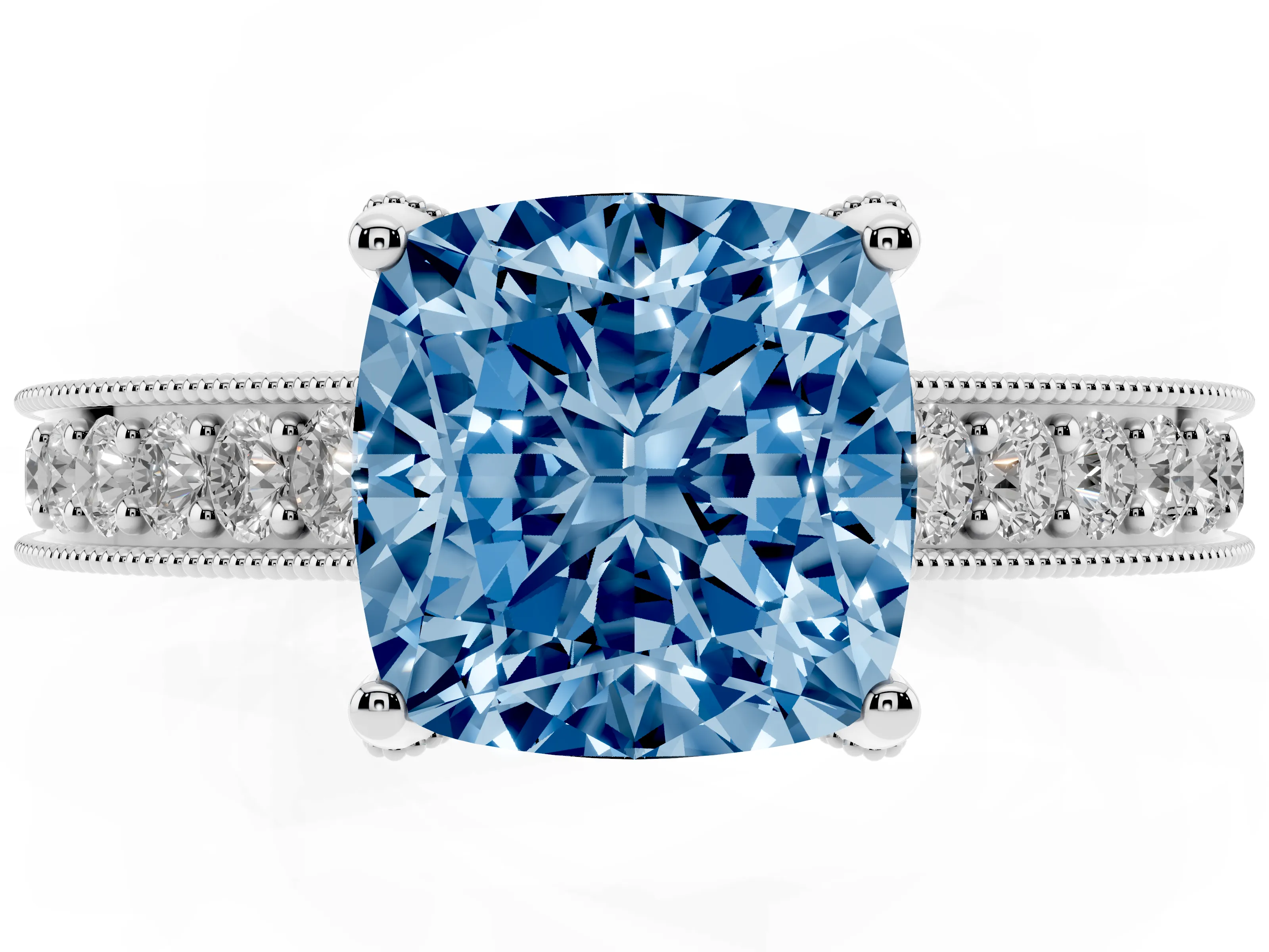 Fancy Blue Cushion Cut Diamond Solitaire Ring Set in Silver with Milgrain-Edged Pavé Band and Prong Setting