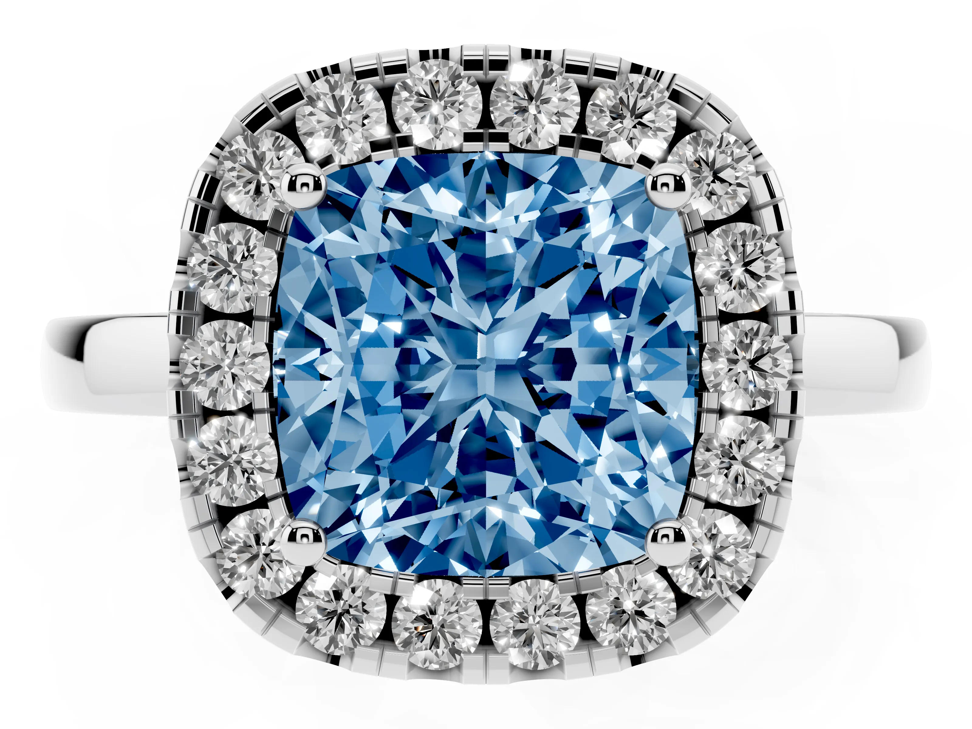 Fancy Blue Cushion Cut Diamond Halo Solitaire Ring Set in White gold with Pavé Band and Prong Setting