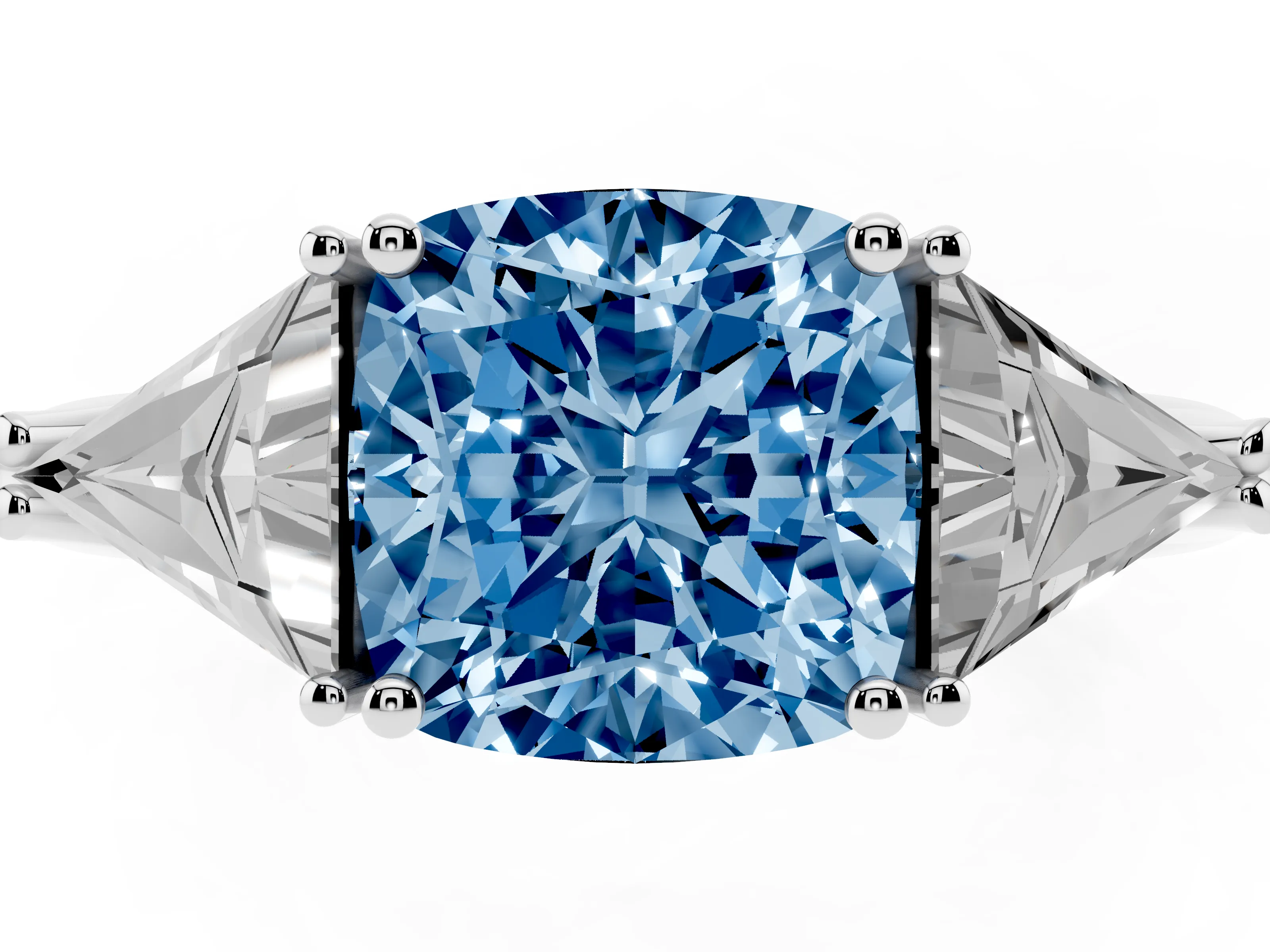Fancy Blue Cushion Cut Diamond Three-Stone Engagement Ring Set in Silver with Trillion Side Stones