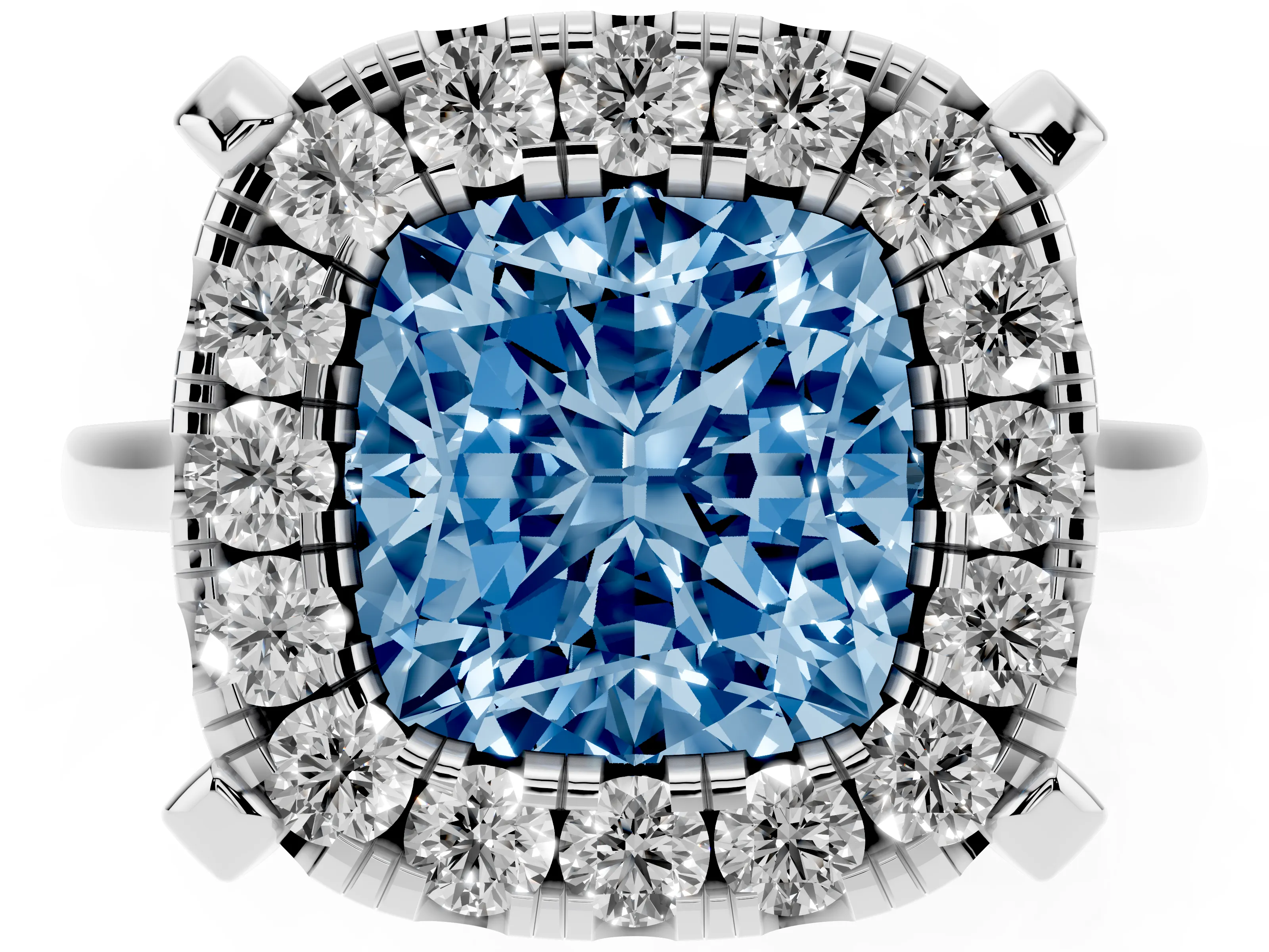 Fancy Blue Cushion Cut Diamond Cluster Halo Solitaire Ring Set in Silver with Prong Setting