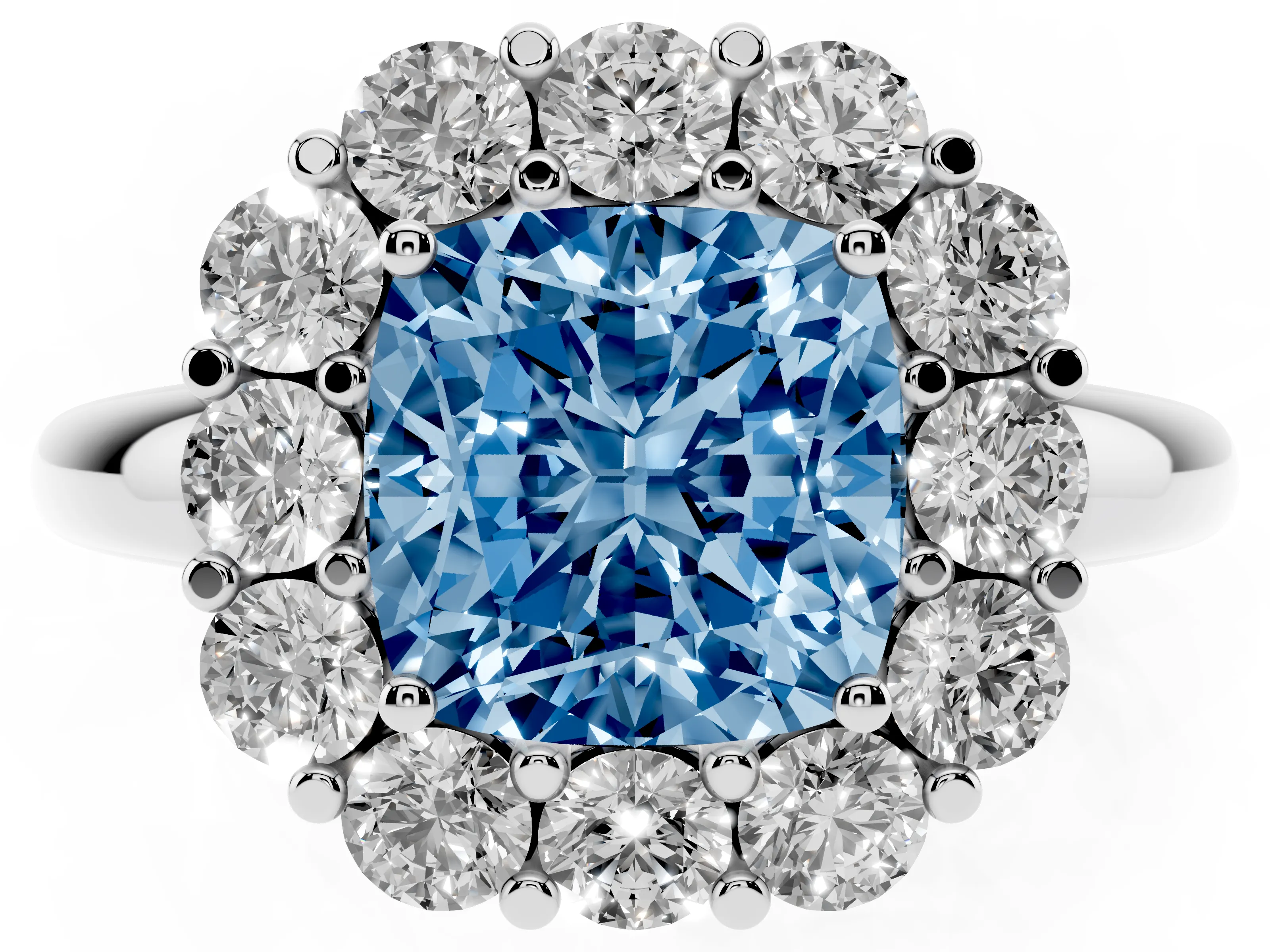 Fancy Blue Cushion Cut Diamond Halo Cluster Engagement Ring Set in Silver with Polished Band and Prong Setting