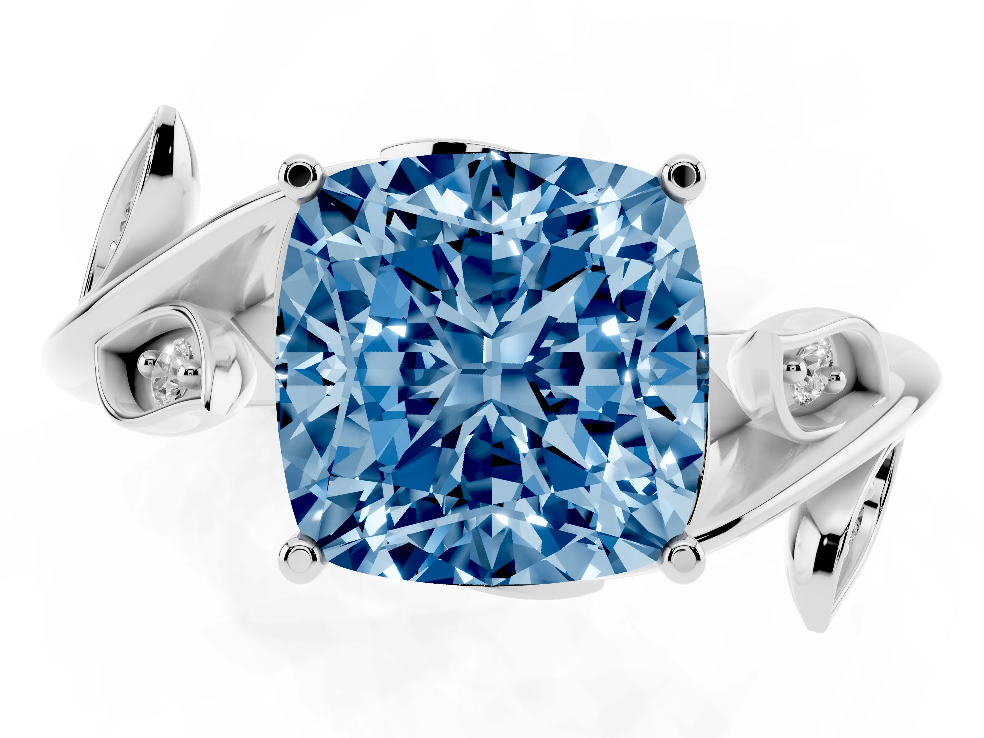 Fancy Blue Cushion Cut Diamond Solitaire Twist Engagement Ring Set in Platinum with Pavé Leaf Accents