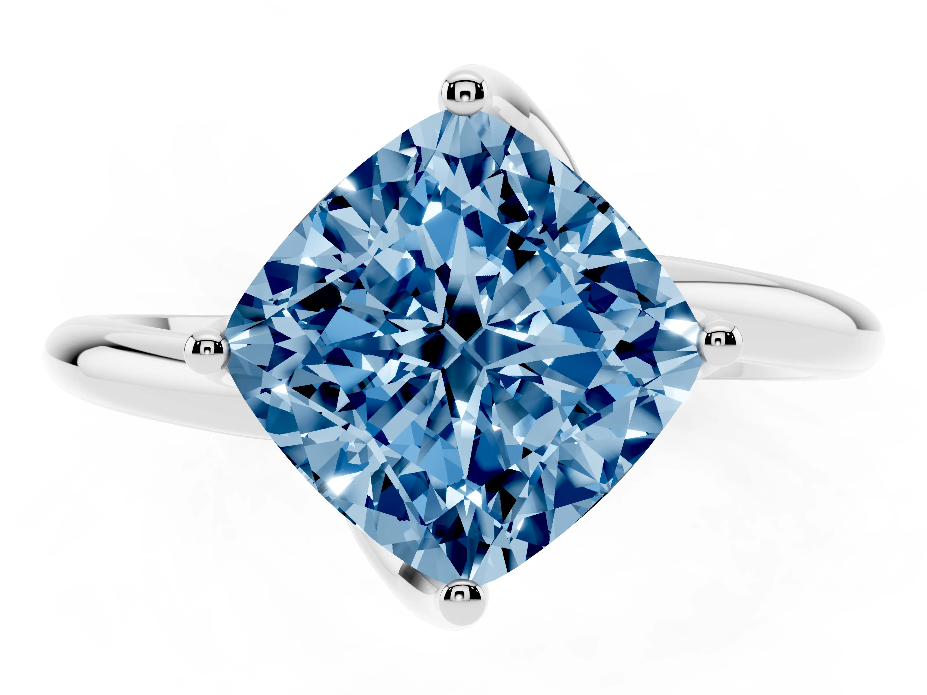 Fancy Blue Cushion Cut Diamond Solitaire Engagement Ring Set in Platinum with Classic Plain Band
