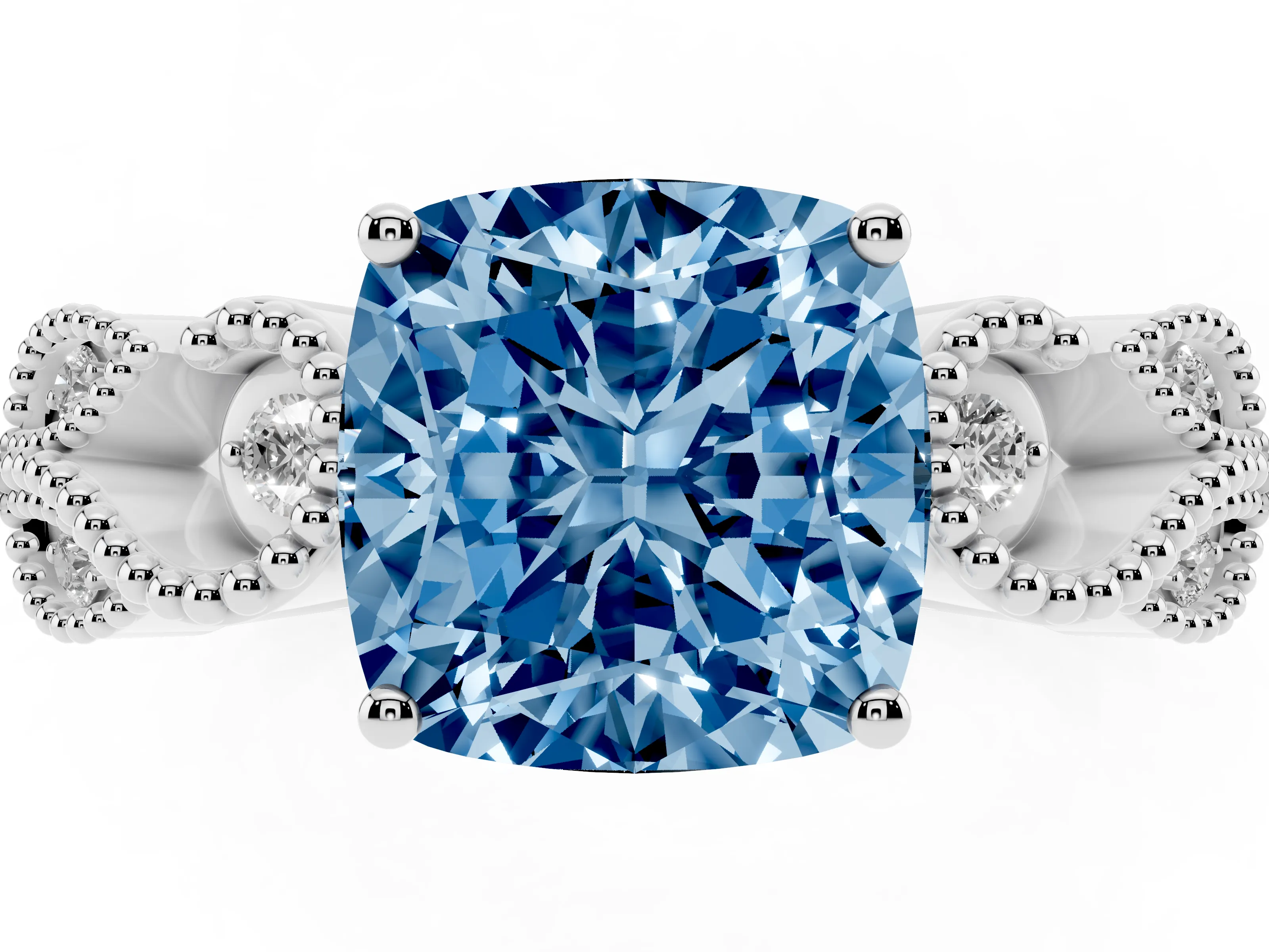 Fancy Blue Cushion Cut Diamond Milgrain Leaf Band Solitaire Ring Set in Silver with Accent Stones and Prong Setting