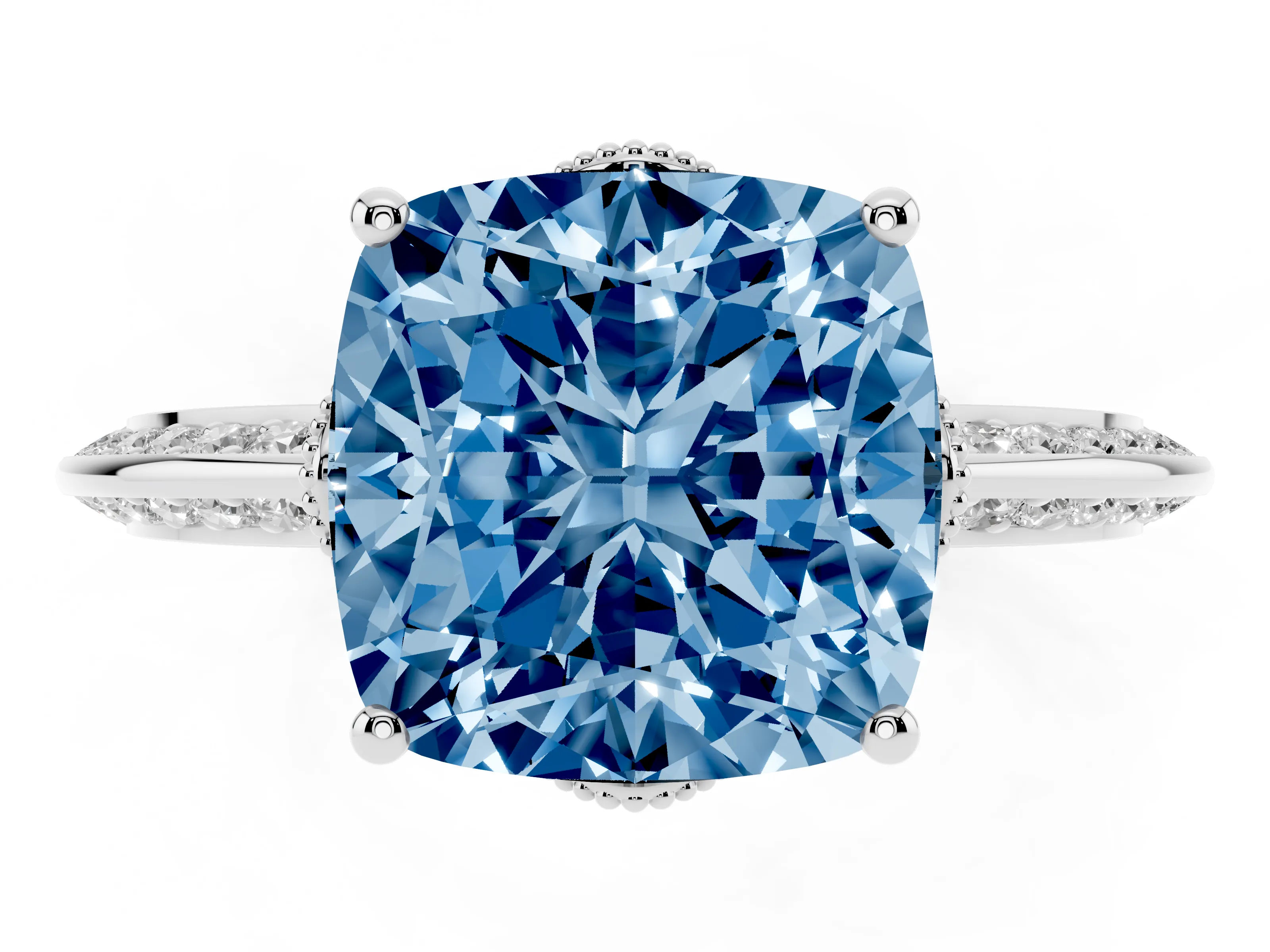 Fancy Blue Cushion Cut Diamond Solitaire Engagement Ring Set in Platinum with Pavé Split Shank and Prong Setting