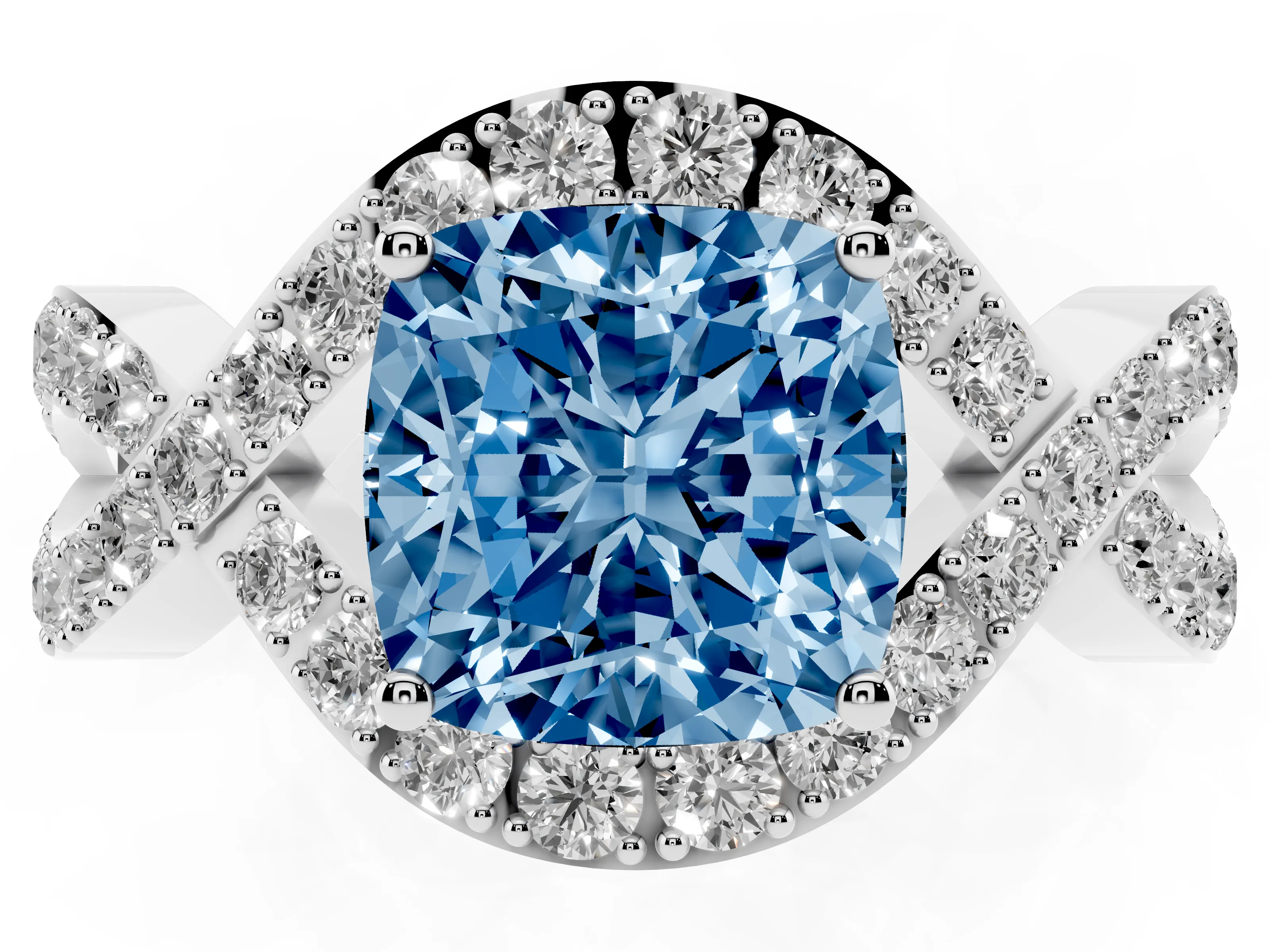 Fancy Blue Cushion Cut Diamond Solitaire Twist Band Pavé Engagement Ring Set in White gold