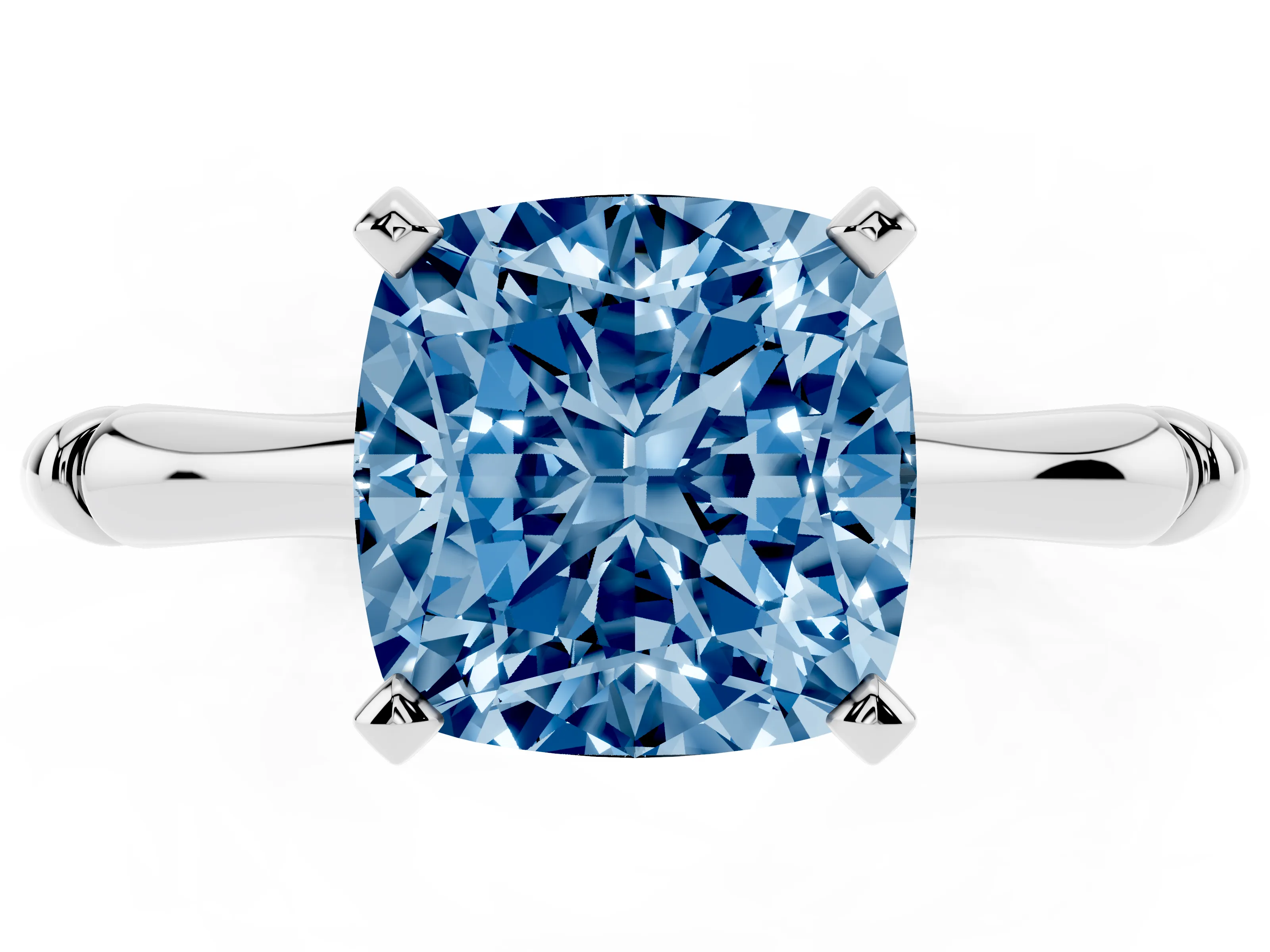 Fancy Blue Cushion Cut Diamond Solitaire Ring Set in White gold with Bamboo Band and Prong Setting