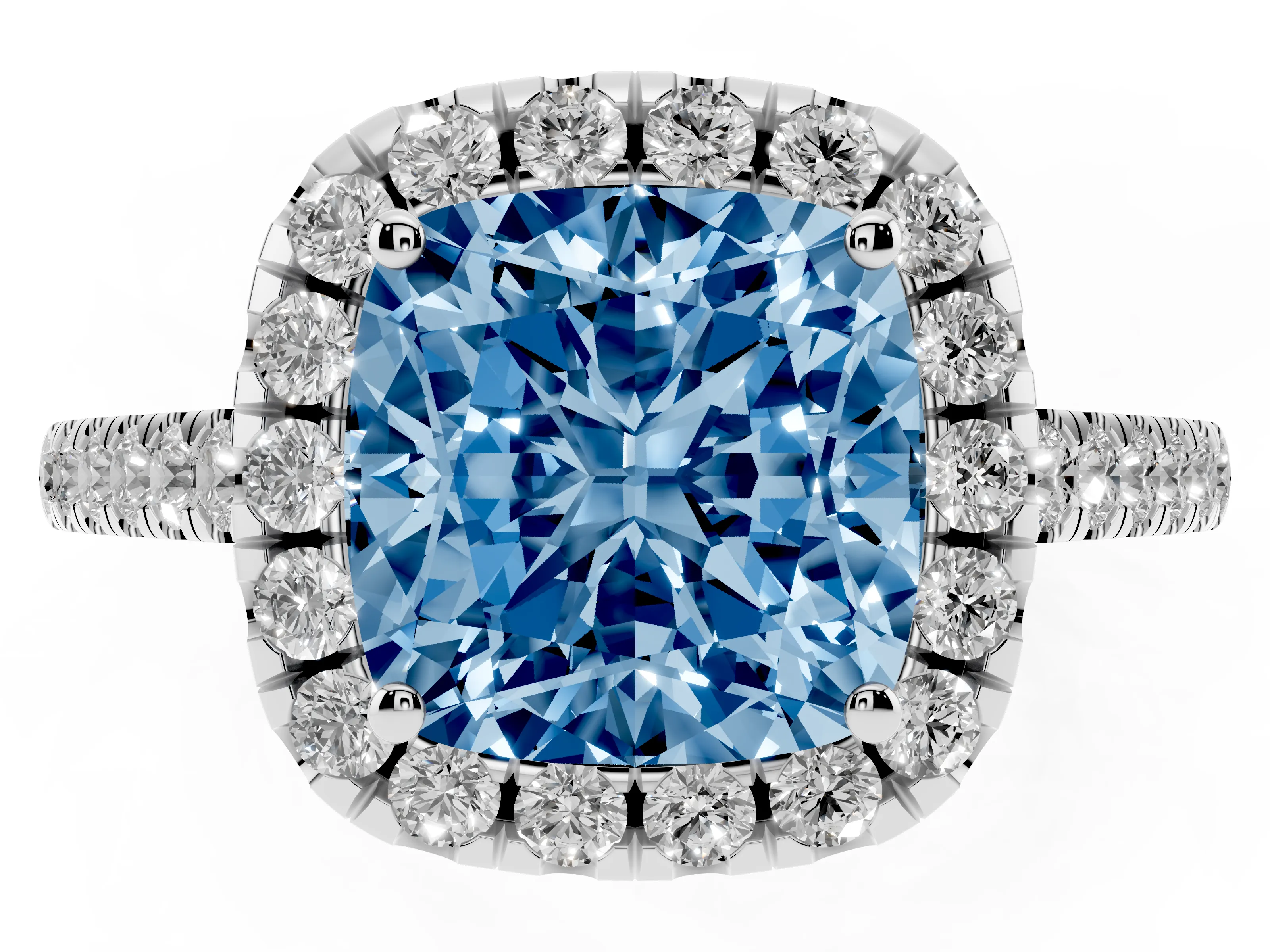 Fancy Blue Cushion Cut Diamond Pavé Halo Engagement Ring Set in Platinum with Pavé Band and Prong Setting