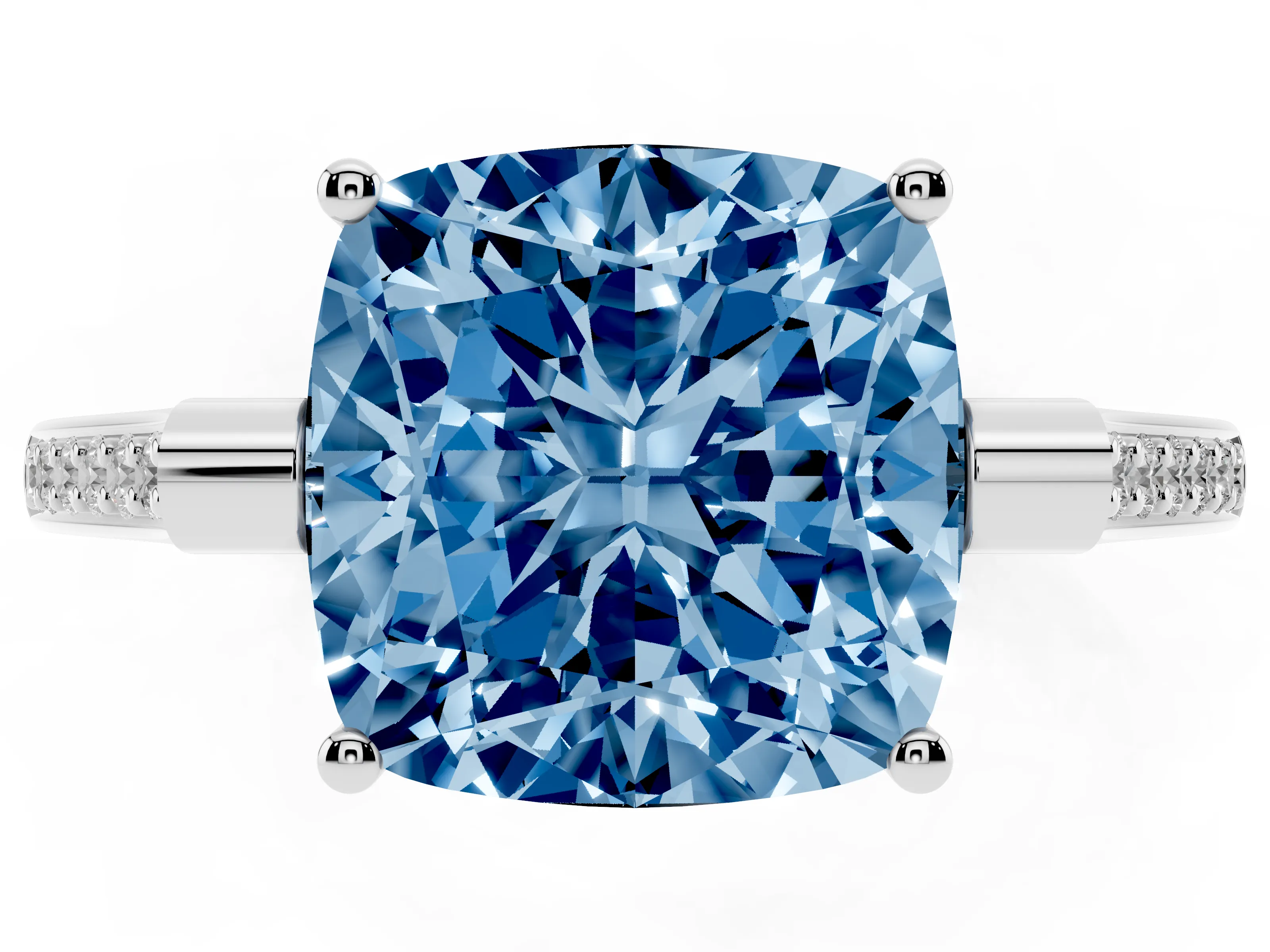Fancy Blue Cushion Cut Diamond Solitaire Ring Set in White gold with Channel Set Band and Bezel Prong Setting