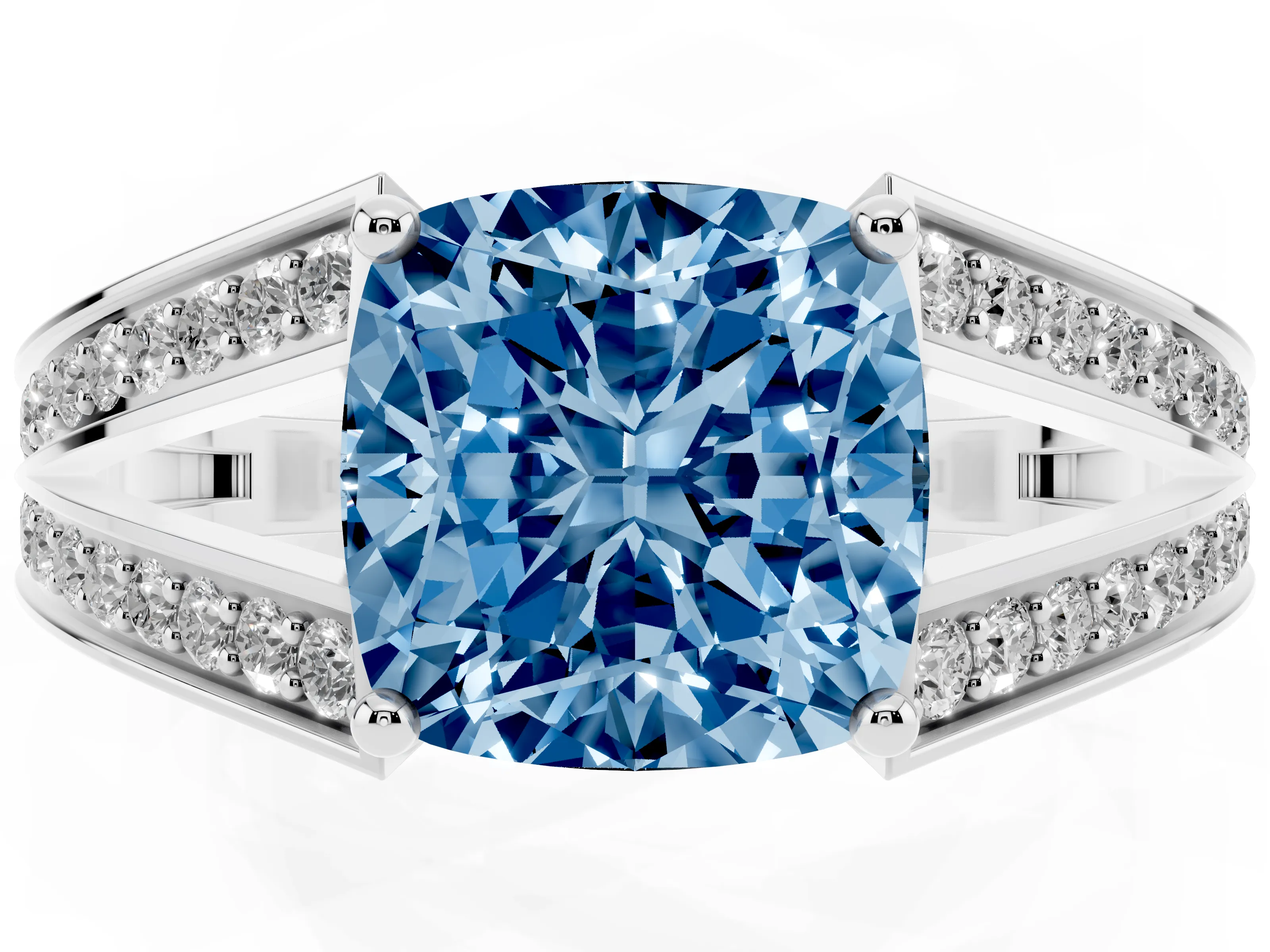 Fancy Blue Cushion Cut Diamond Split Shank Ring Set in White gold with Pavé Band and Prong Setting