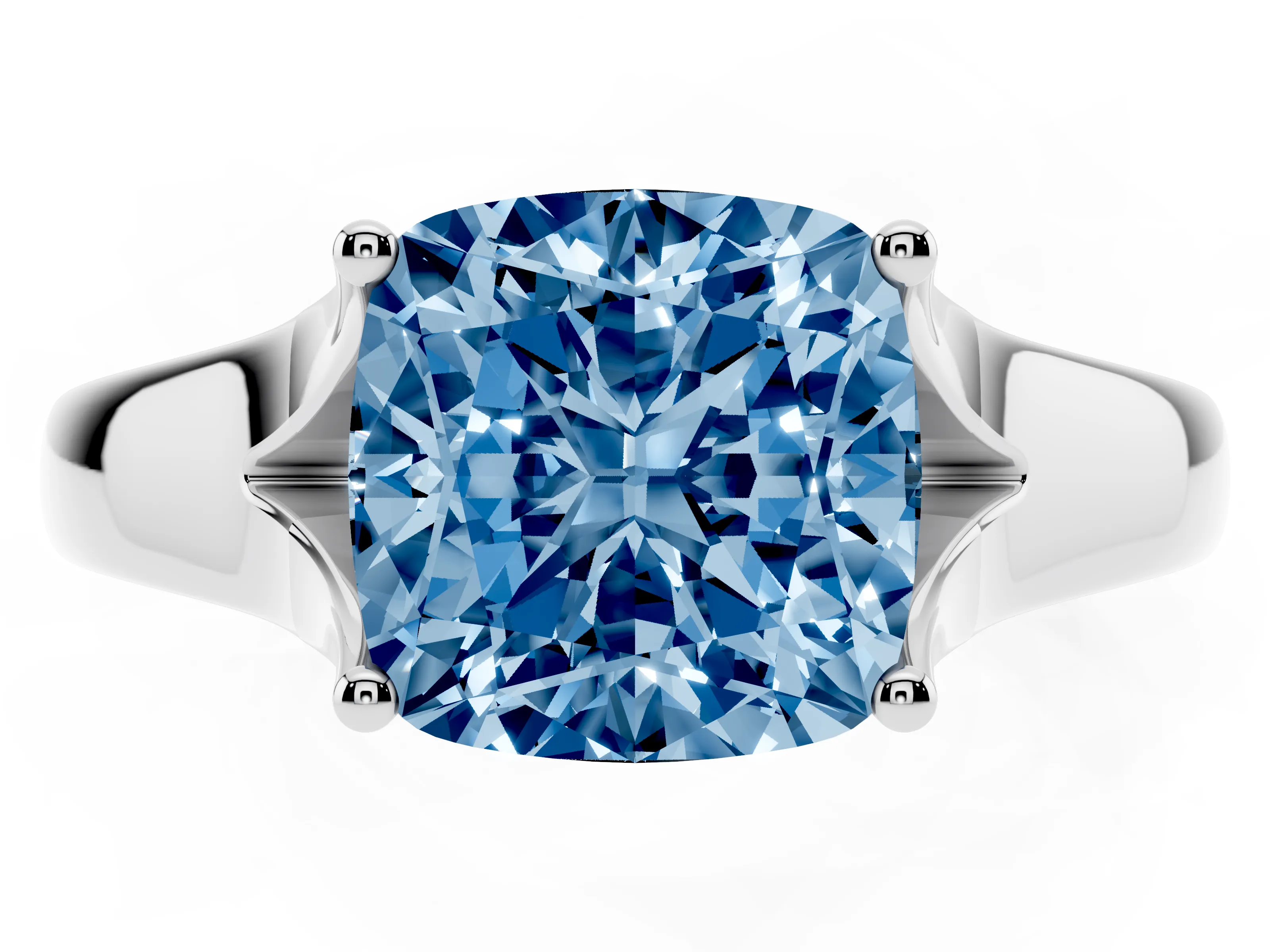 Fancy Blue Cushion Cut Diamond Solitaire Ring Set in White gold with Arched Cathedral Band and Prong Setting