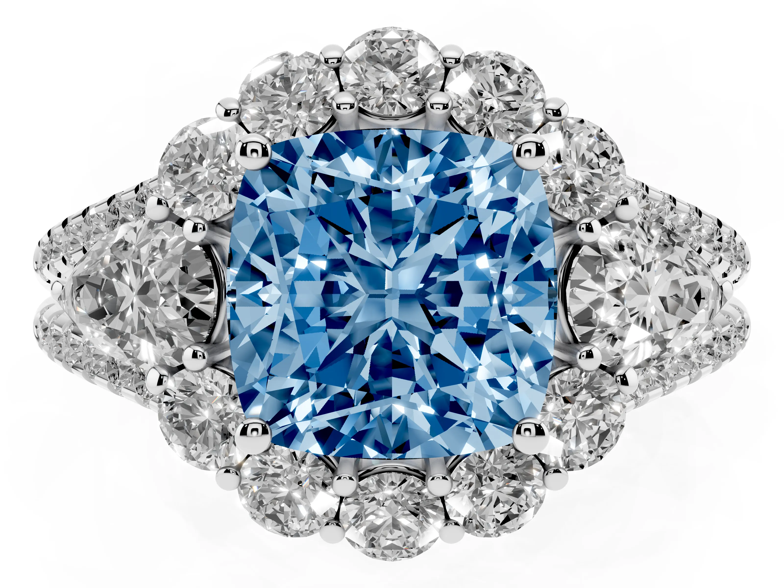 Fancy Blue Cushion Cut Diamond Halo Split Shank Engagement Ring Set in Platinum with Prong-Held Center Stone