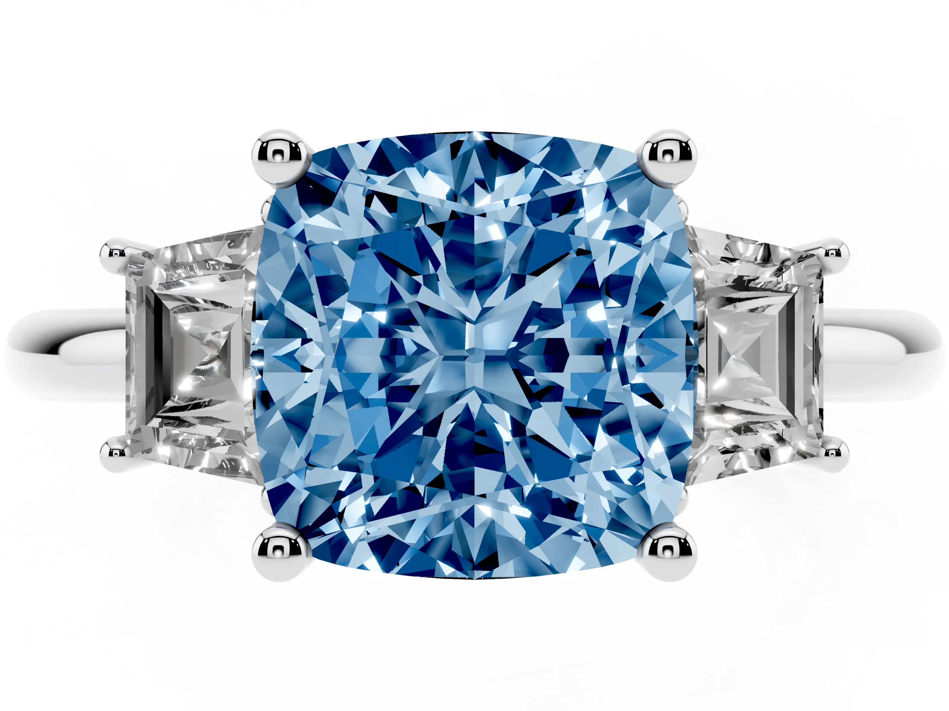 Fancy Blue Cushion Cut Diamond Three-Stone Ring Set in Silver with Trapezoid Side Stones and Prong Setting