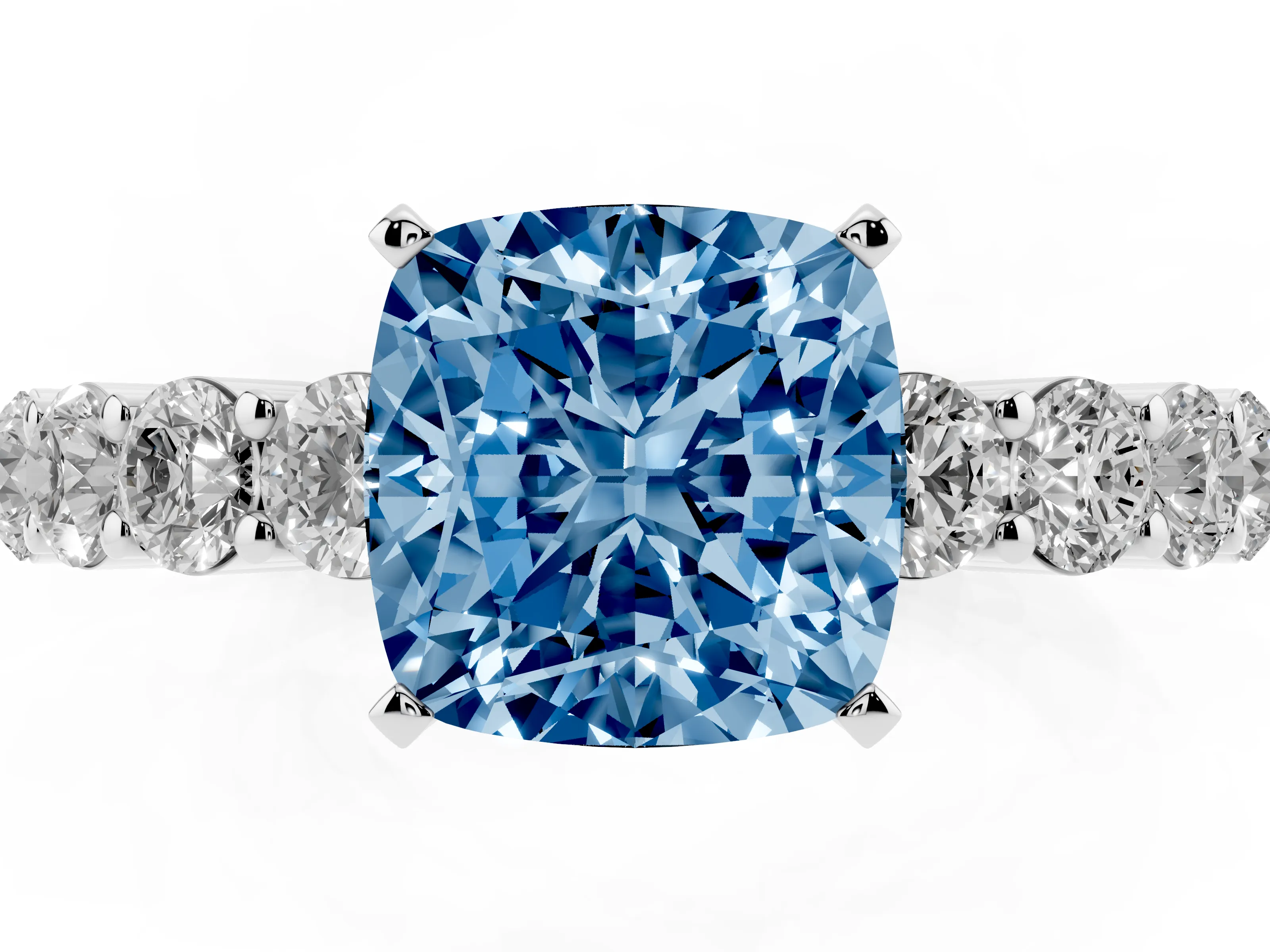 Fancy Blue Cushion Cut Diamond Solitaire Ring Set in White gold with Shared Prong Round Side Stones