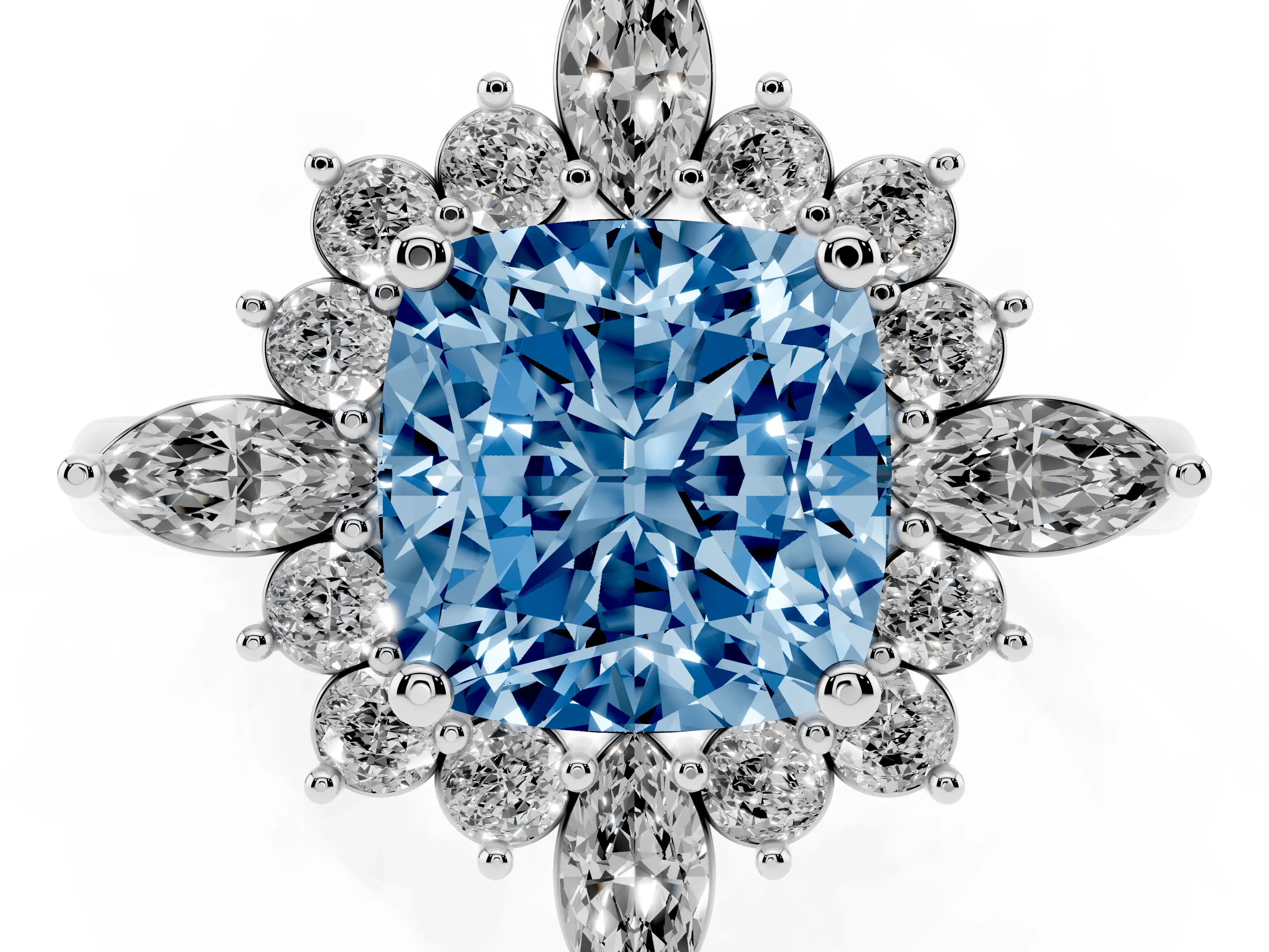 Fancy Blue Cushion Cut Diamond Cluster Halo Ring Set in Silver with Marquise and Round Accents