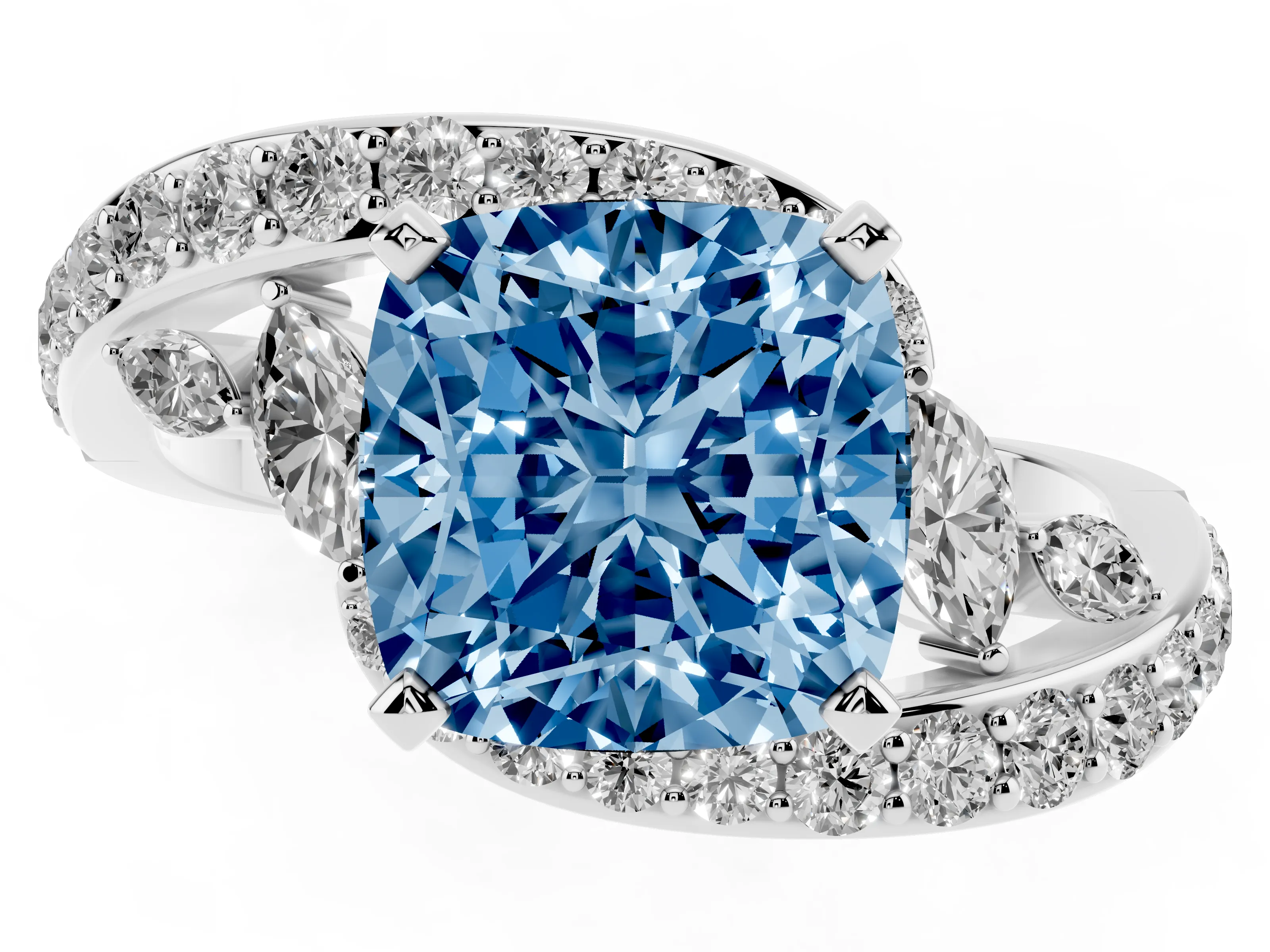 Fancy Blue Cushion Cut Diamond Solitaire Ring Set in White gold with Pavé Twist Band and Secure Prong Setting