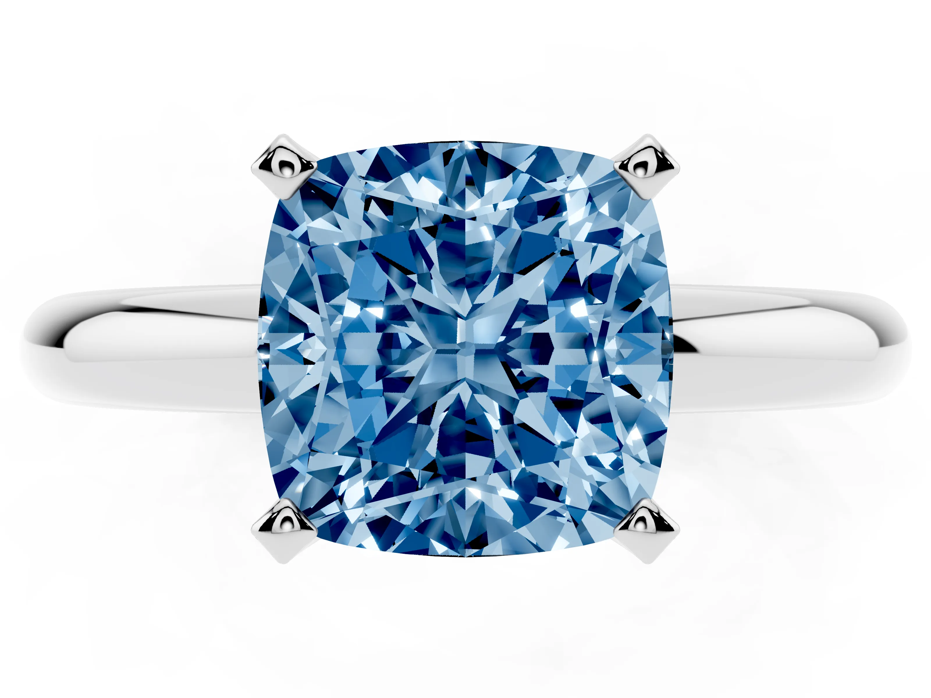 Fancy Blue Cushion Cut Diamond Solitaire Engagement Ring Set in White gold with Round Band and Prong Setting