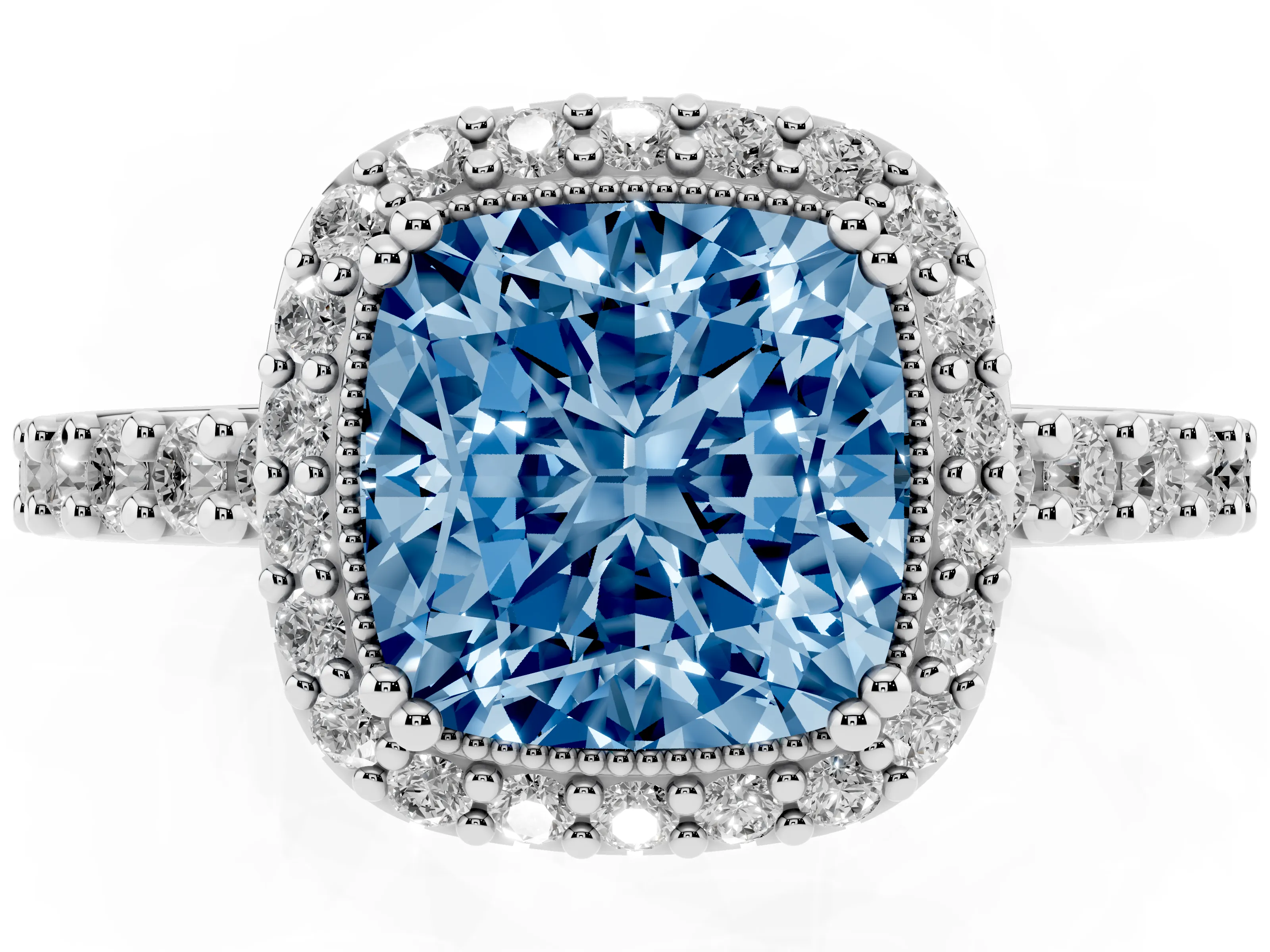 Fancy Blue Cushion Cut Diamond Halo Engagement Ring Set in Platinum with Milgrain Detail and Pavé Band