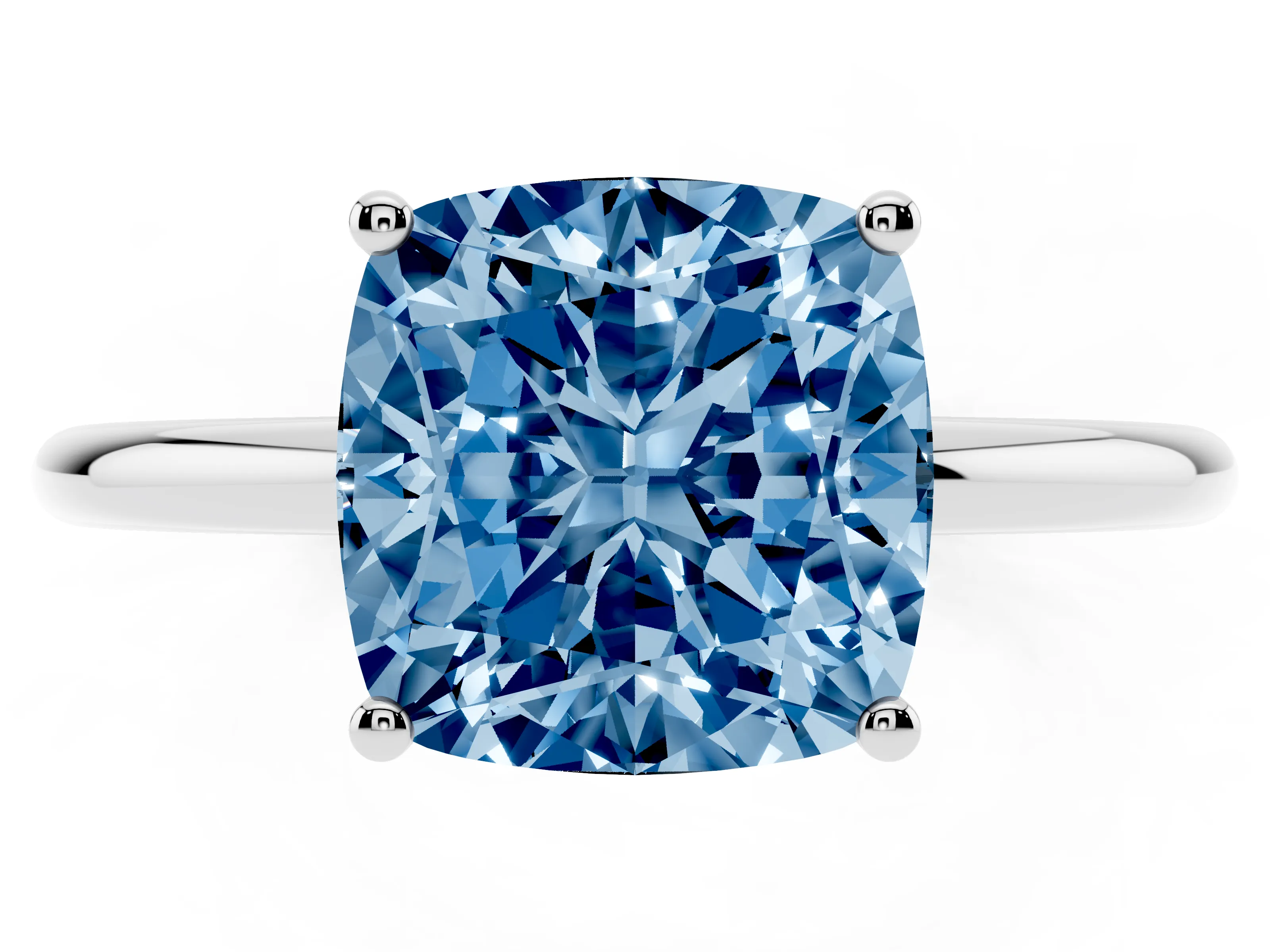 Fancy Blue Cushion Cut Diamond Solitaire Engagement Ring Set in Platinum with Thin Band and Prong Setting