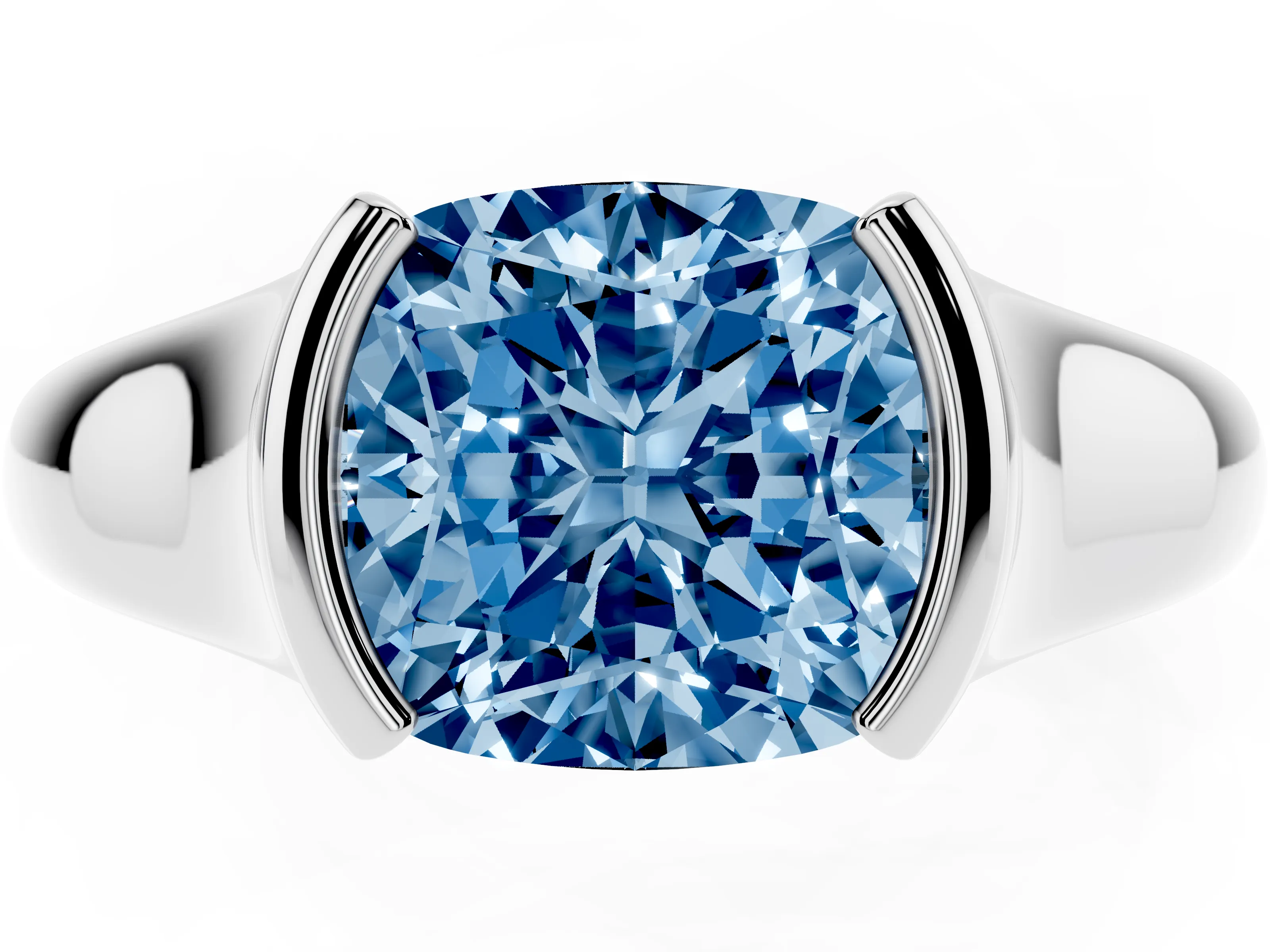 Fancy Blue Cushion Cut Diamond Solitaire Tension Set Ring Set in Silver with Split Shank Band