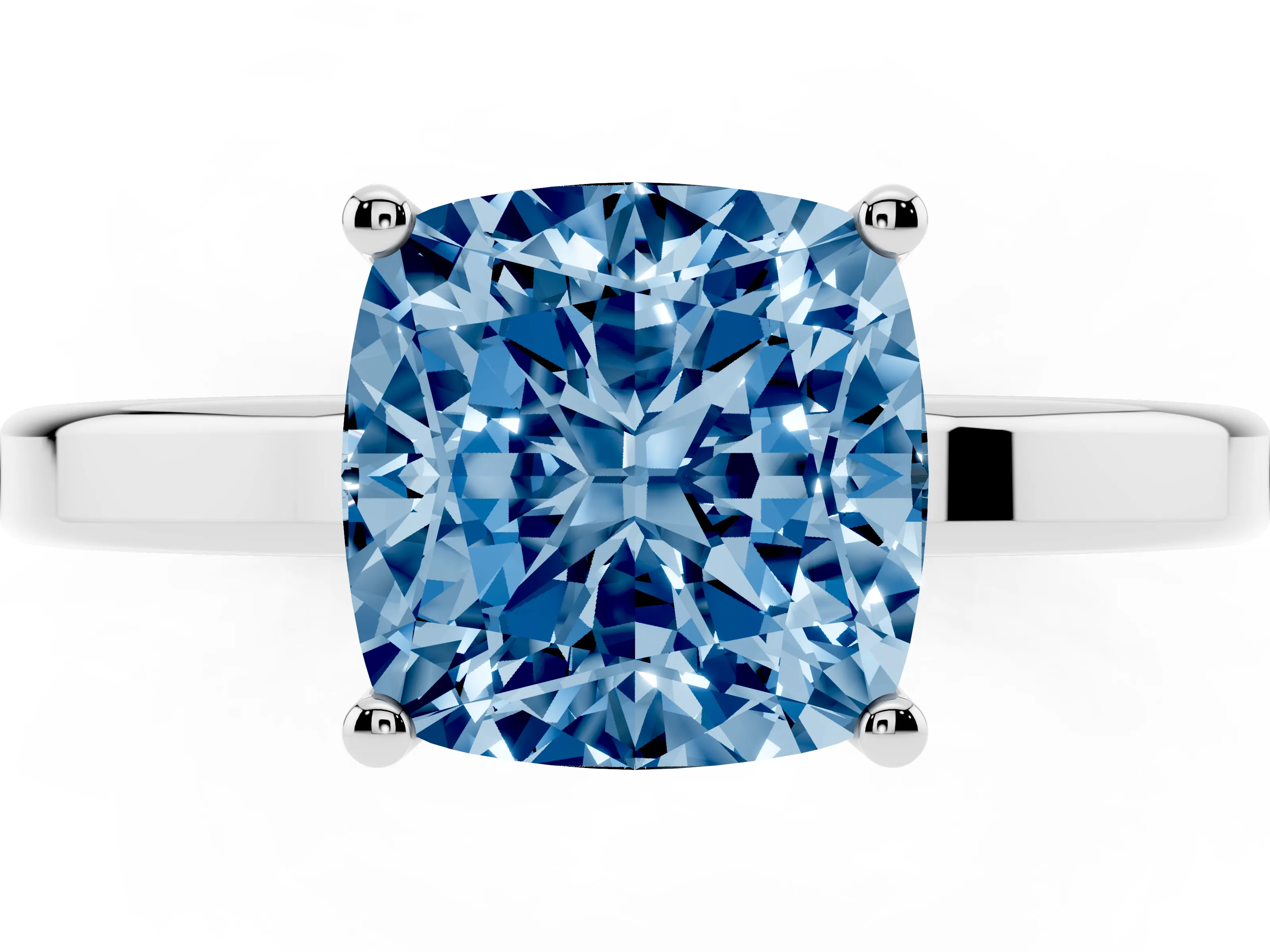Fancy Blue Cushion Cut Diamond Solitaire Engagement Ring Set in Platinum with Prong Setting on a Plain Band