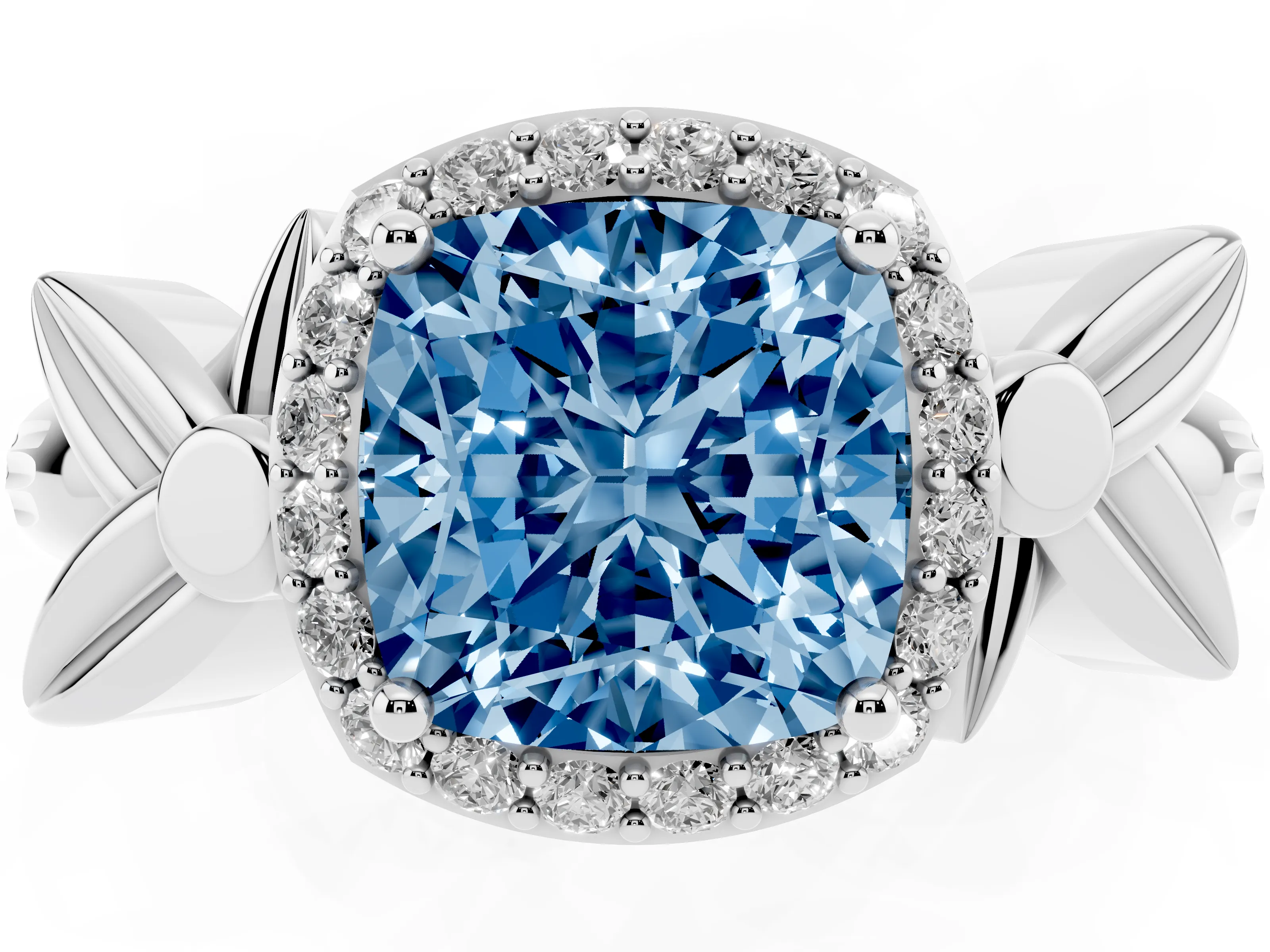 Fancy Blue Cushion Cut Diamond Halo Floral Band Ring Set in White gold with Prong Setting