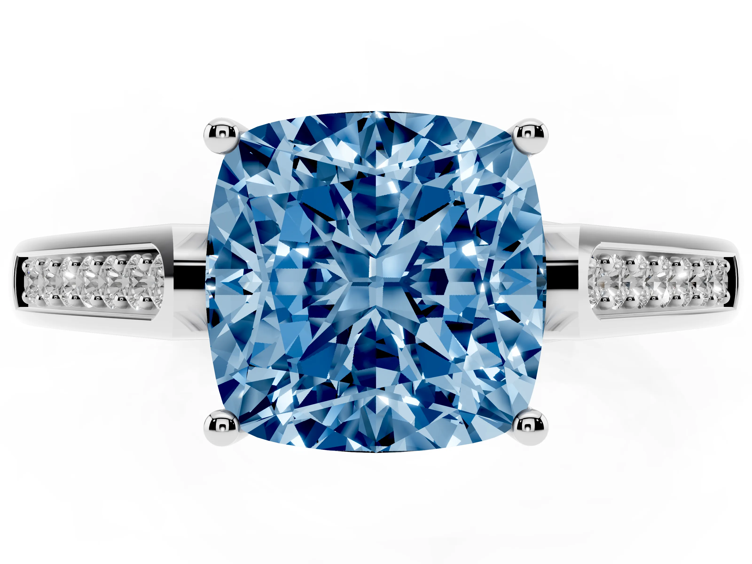 Fancy Blue Cushion Cut Diamond Solitaire Cathedral Engagement Ring Set in White gold with Channel-Set Band and Prong Setting
