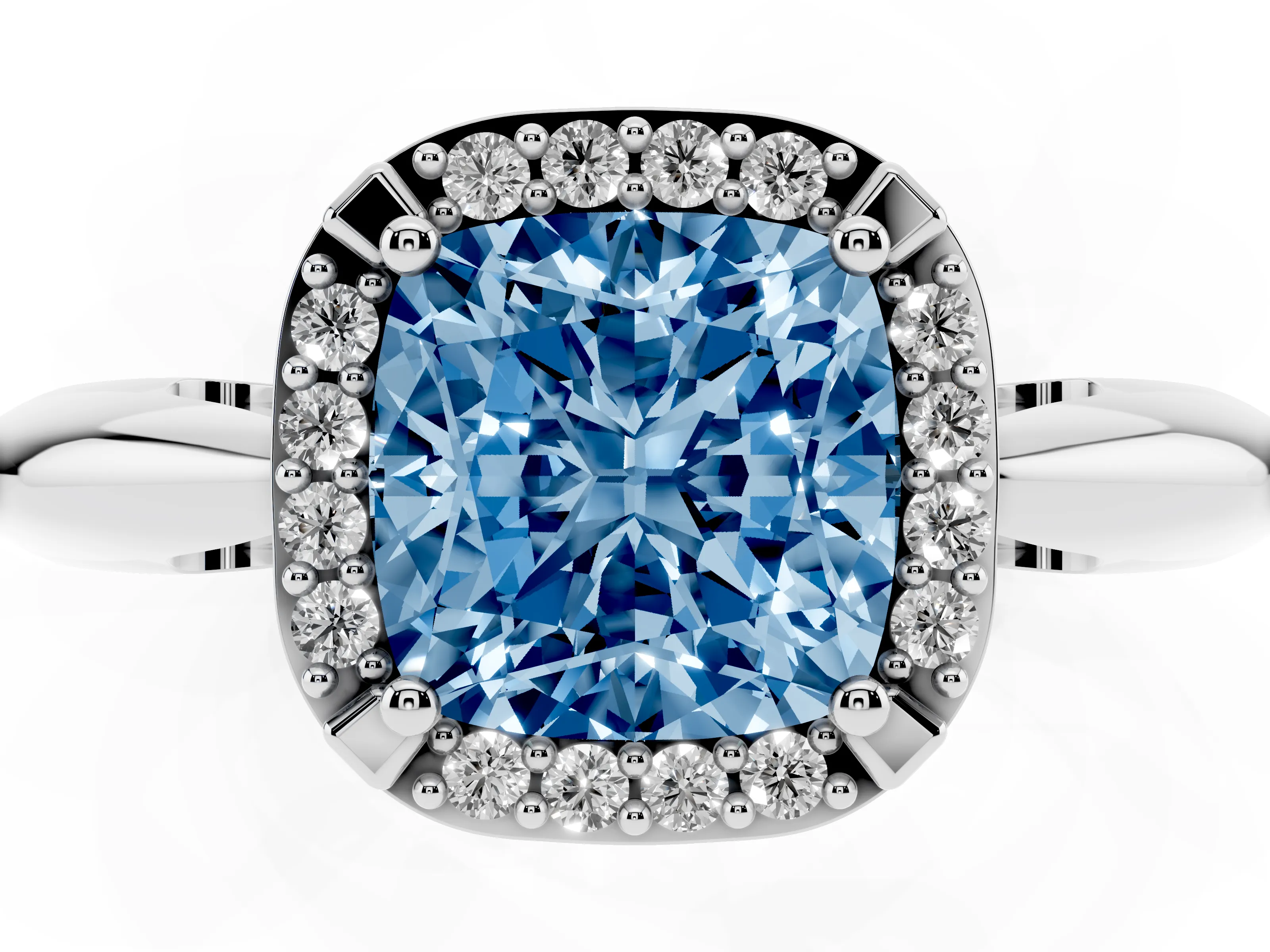 Fancy Blue Cushion Cut Diamond Halo Engagement Ring Set in Platinum with Plain Split Shank and Prong Setting