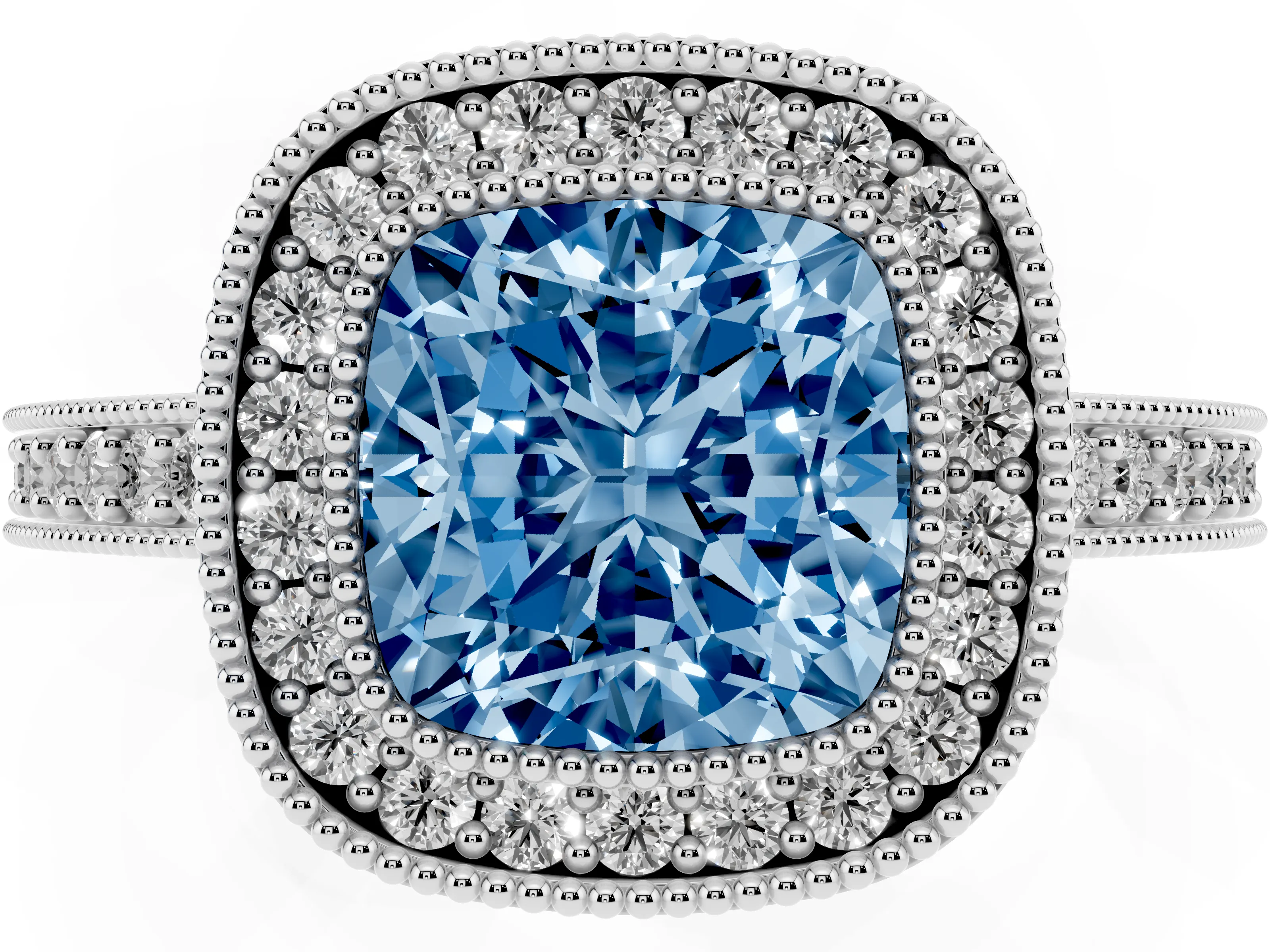 Fancy Blue Cushion Cut Diamond Halo Engagement Ring Set in Platinum with Pavé Band and Round Halo Stones