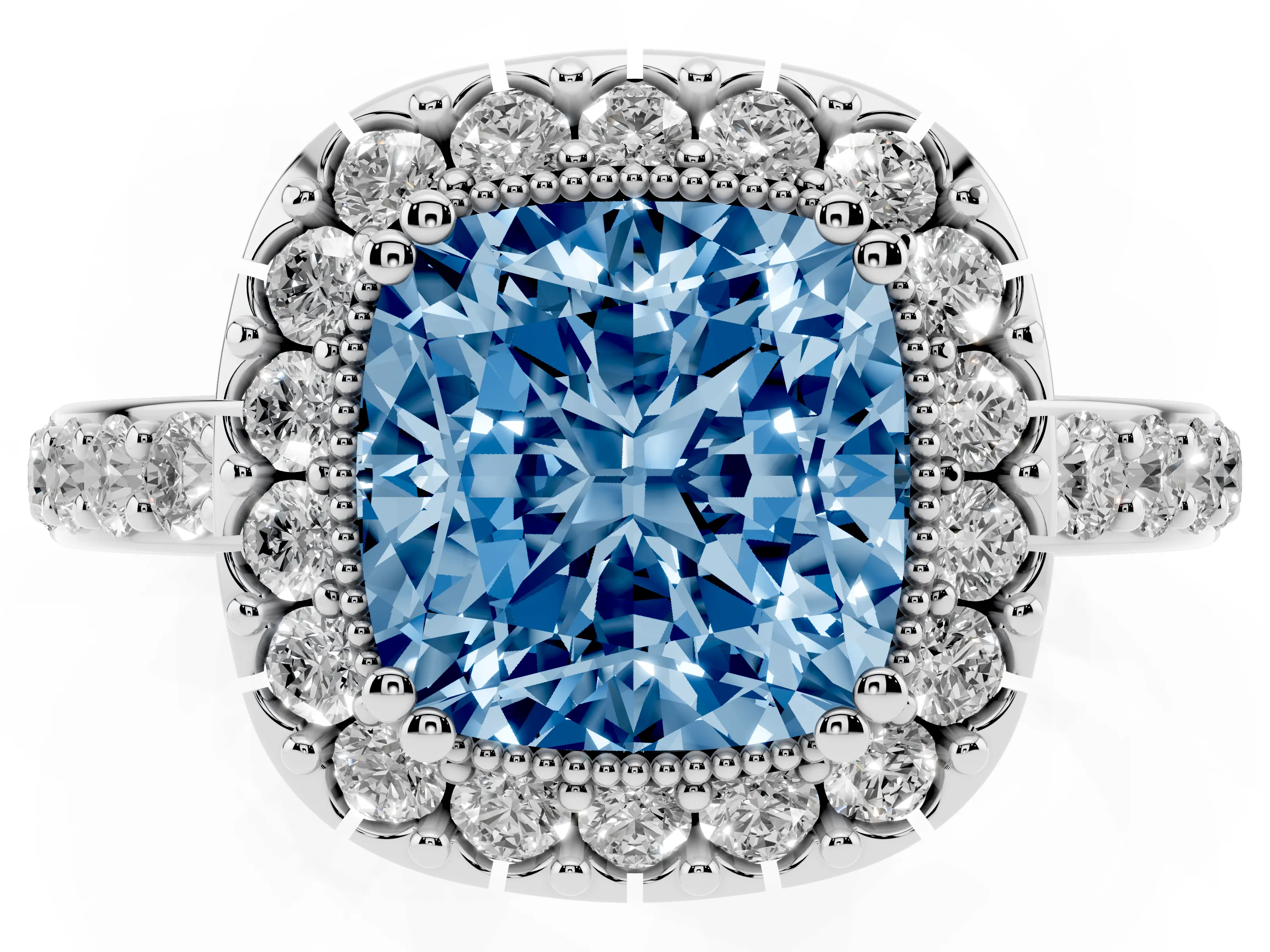 Fancy Blue Cushion Cut Diamond Halo Ring Set in White gold with Pavé Shank and Prong Setting