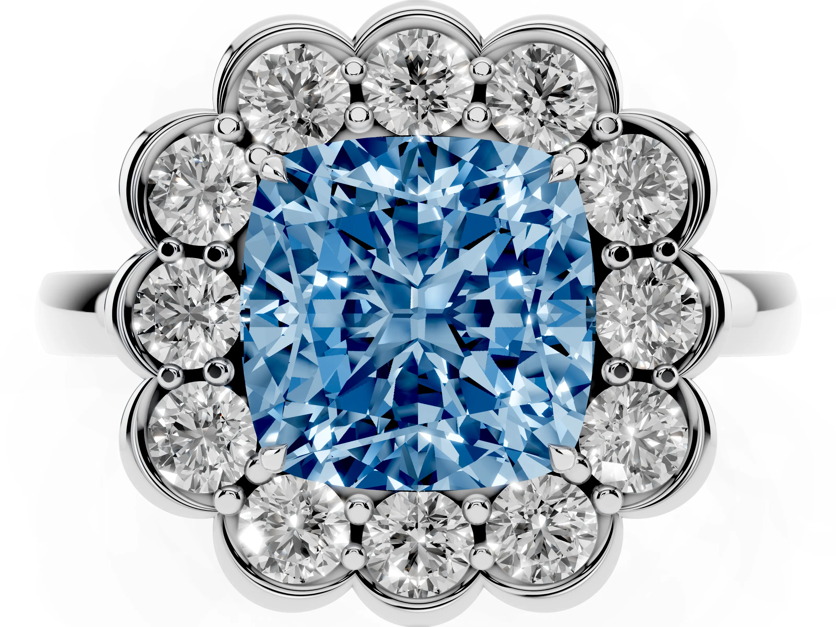 Fancy Blue Cushion Cut Diamond Halo Cluster Engagement Ring Set in Platinum with Solitaire Band and Prong Setting
