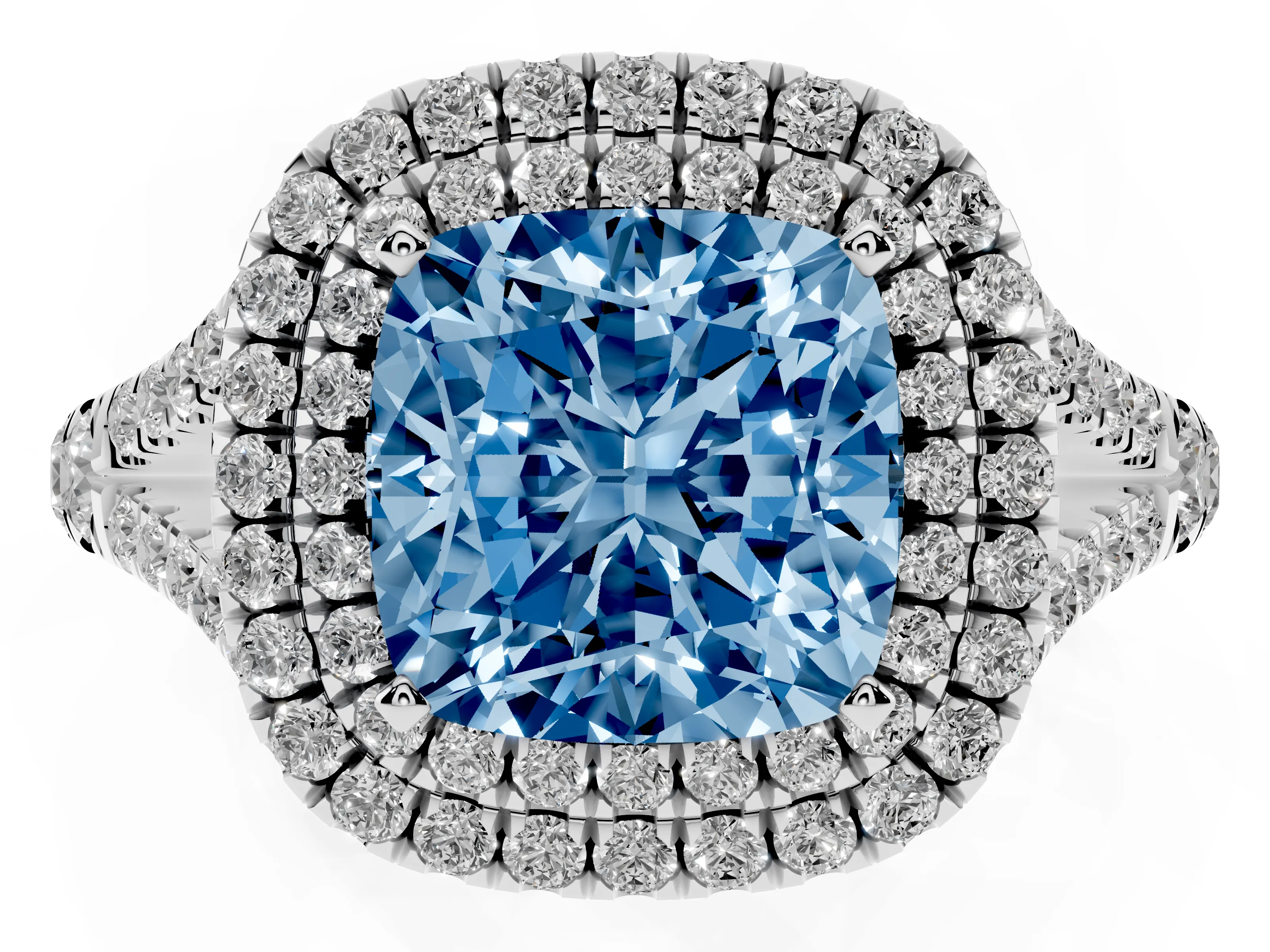 Fancy Blue Cushion Cut Diamond Pavé Split Shank Double Halo Engagement Ring Set in Silver