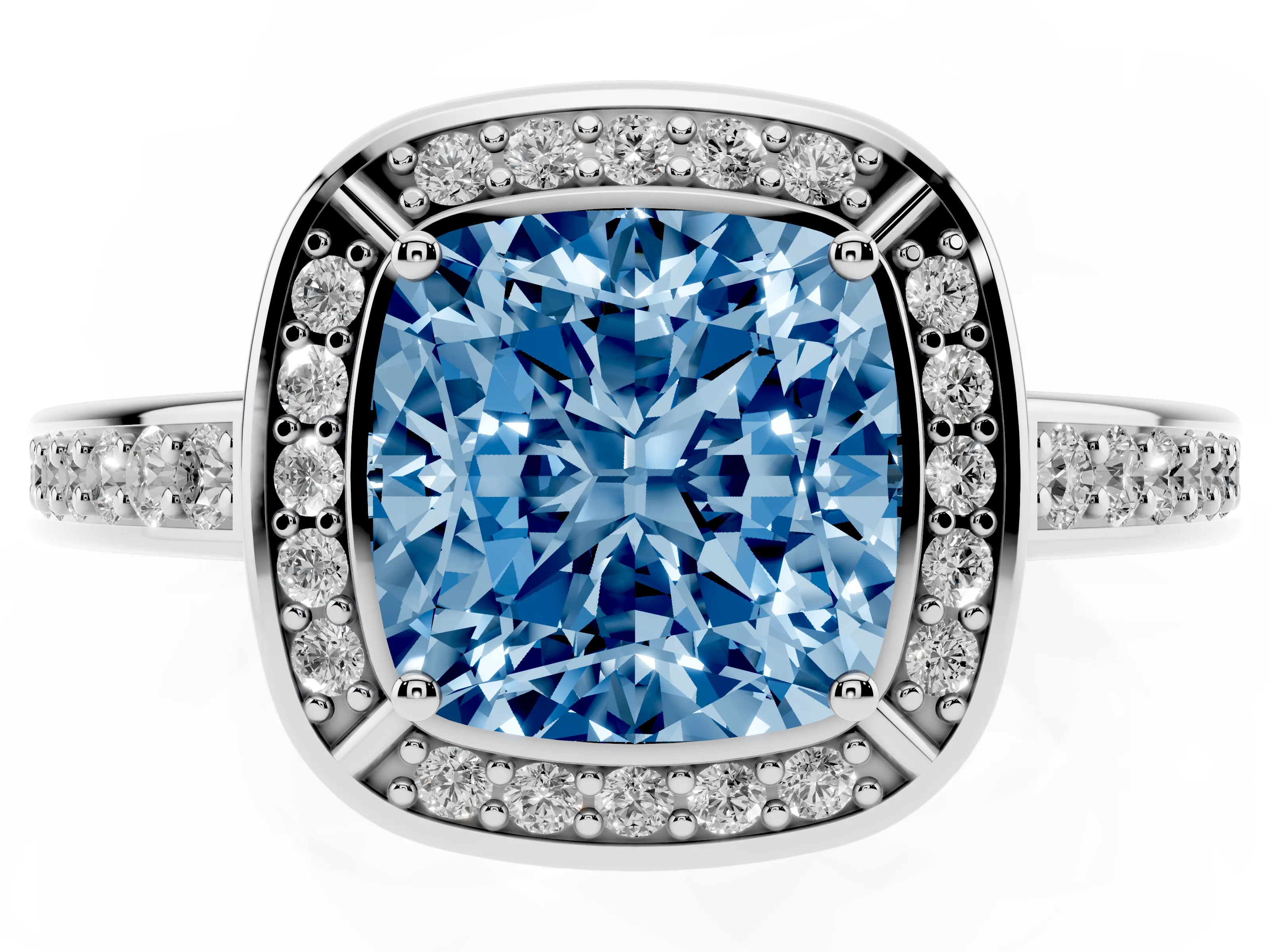 Fancy Blue Cushion Cut Diamond Halo Pavé Split Shank Ring Set in White gold with Prong Setting
