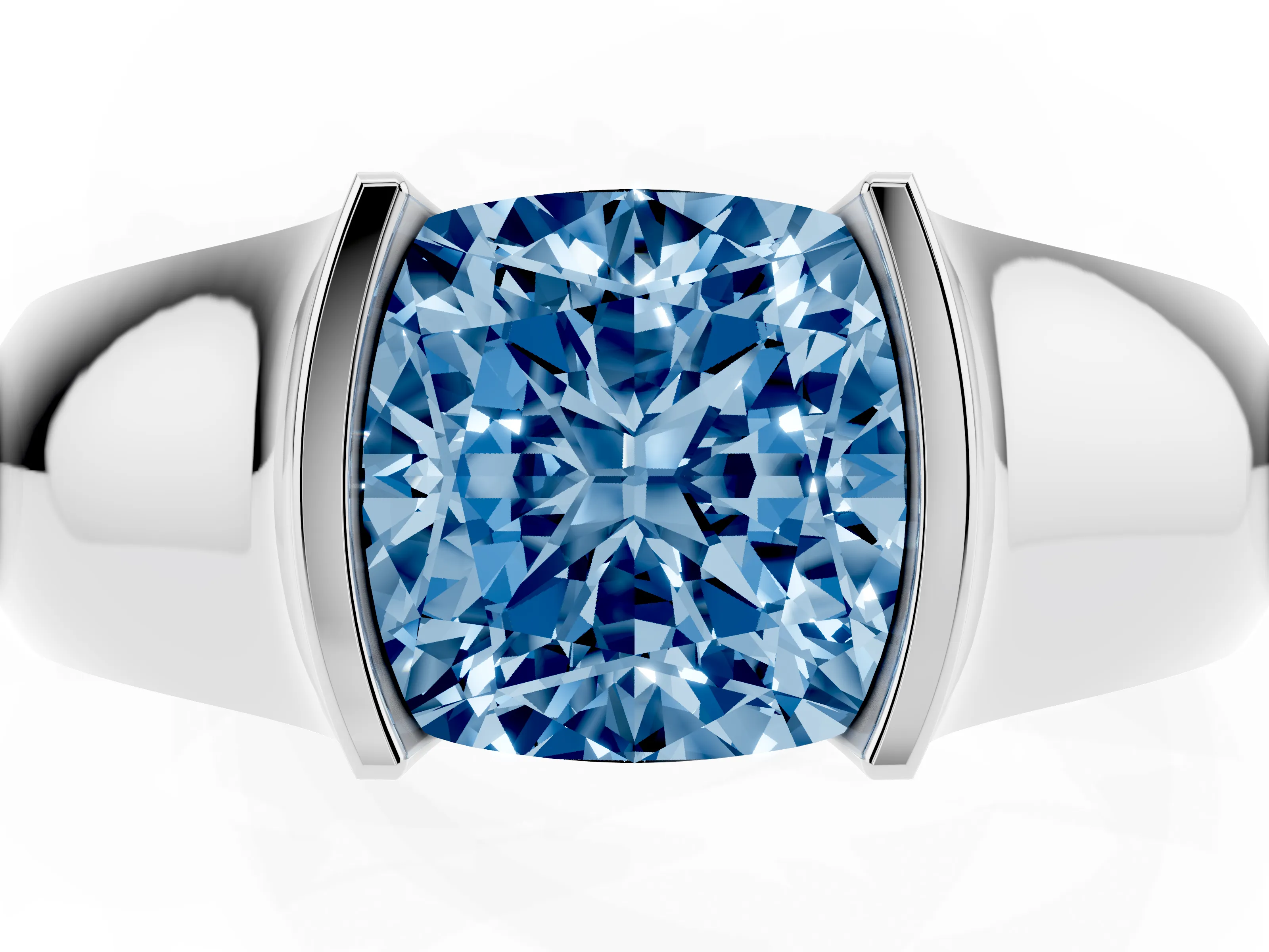 Fancy Blue Cushion Cut Diamond Bezel Solitaire Ring Set in White gold with Wide Band