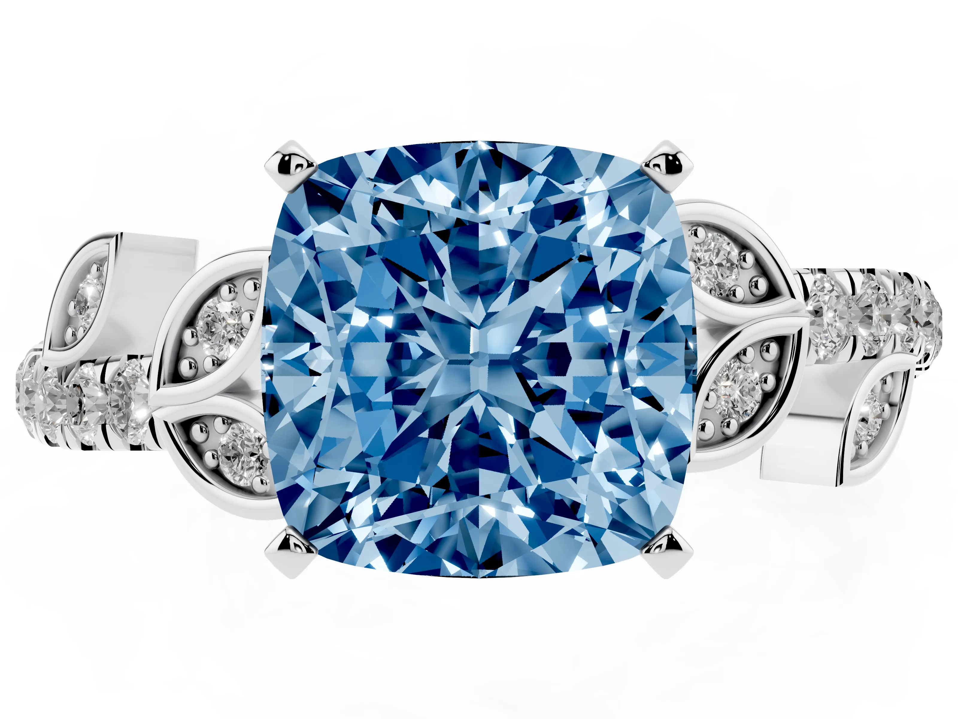 Fancy Blue Cushion Cut Diamond Solitaire Leaf-Inspired Ring Set in Platinum with Pavé Band and Prong Setting