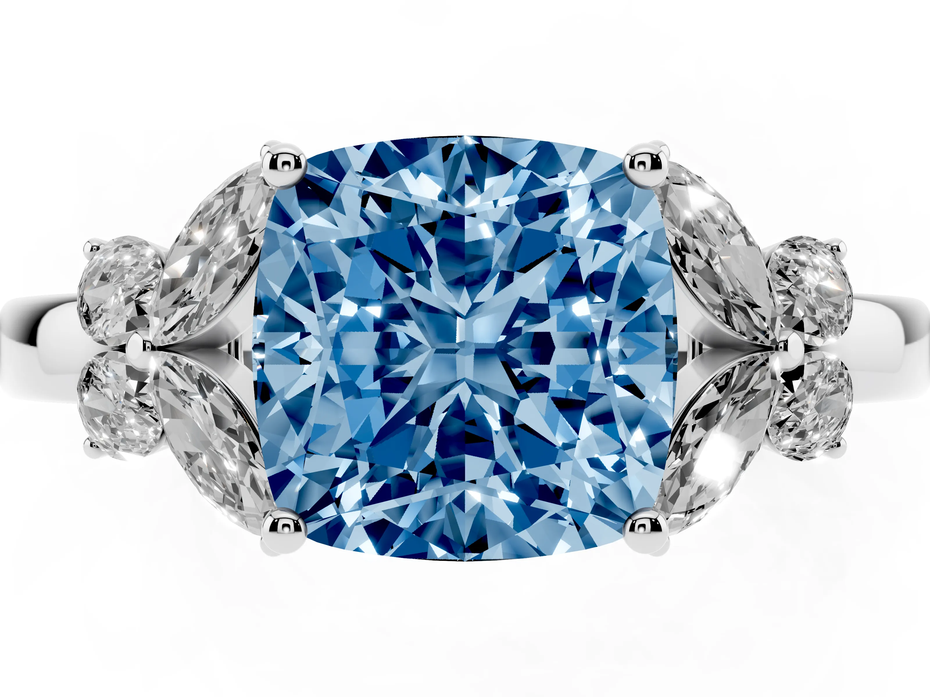 Fancy Blue Cushion Cut Diamond Solitaire Floral Ring Set in Platinum with Marquise Petals and Prong Setting