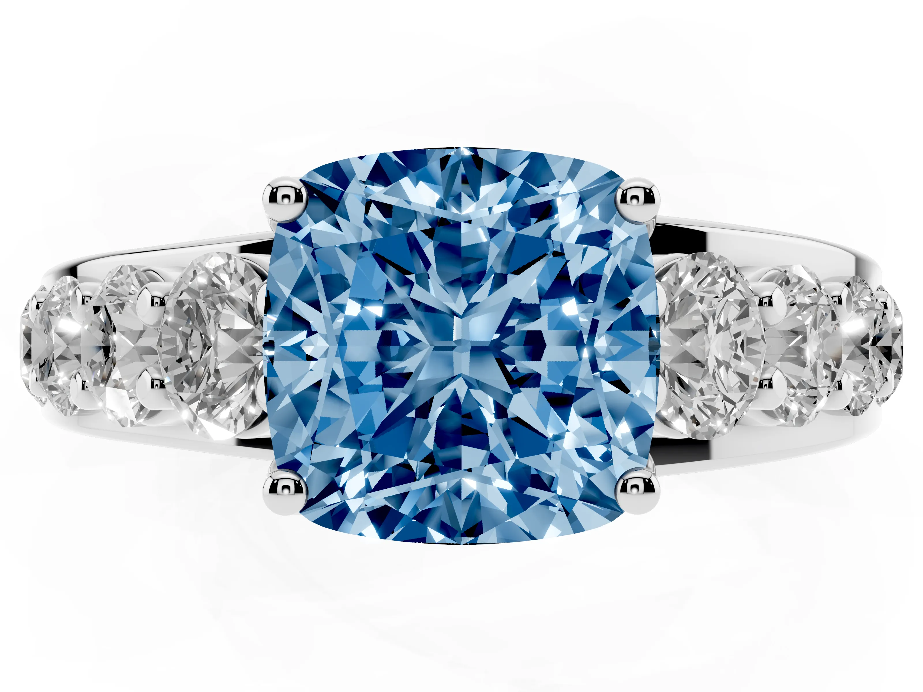 Fancy Blue Cushion Cut Diamond Pavé Engagement Ring Set in White gold with Prong Setting