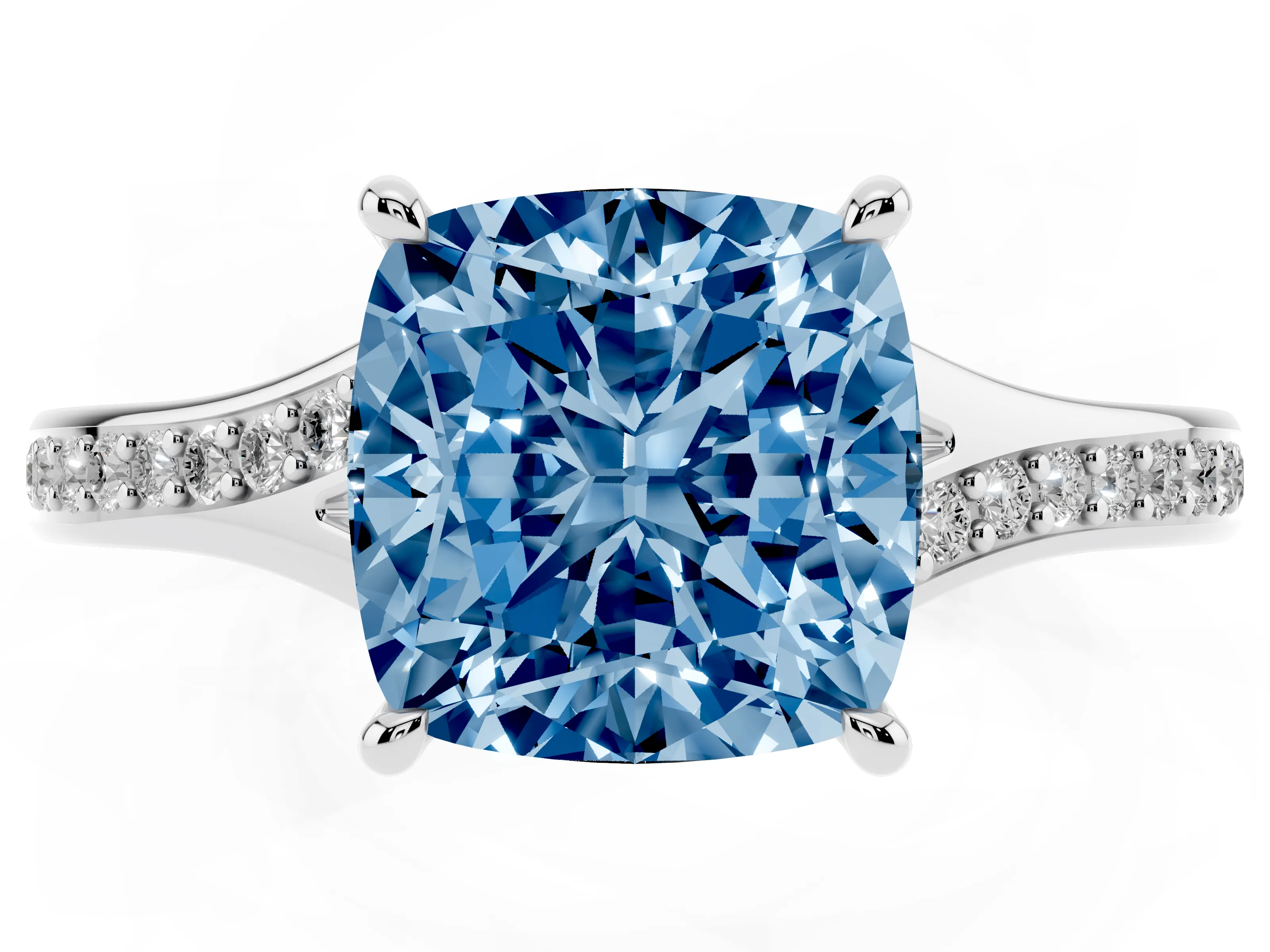 Fancy Blue Cushion Cut Diamond Solitaire Ring Set in Silver with Pavé Accent Band and Classic Prong Setting