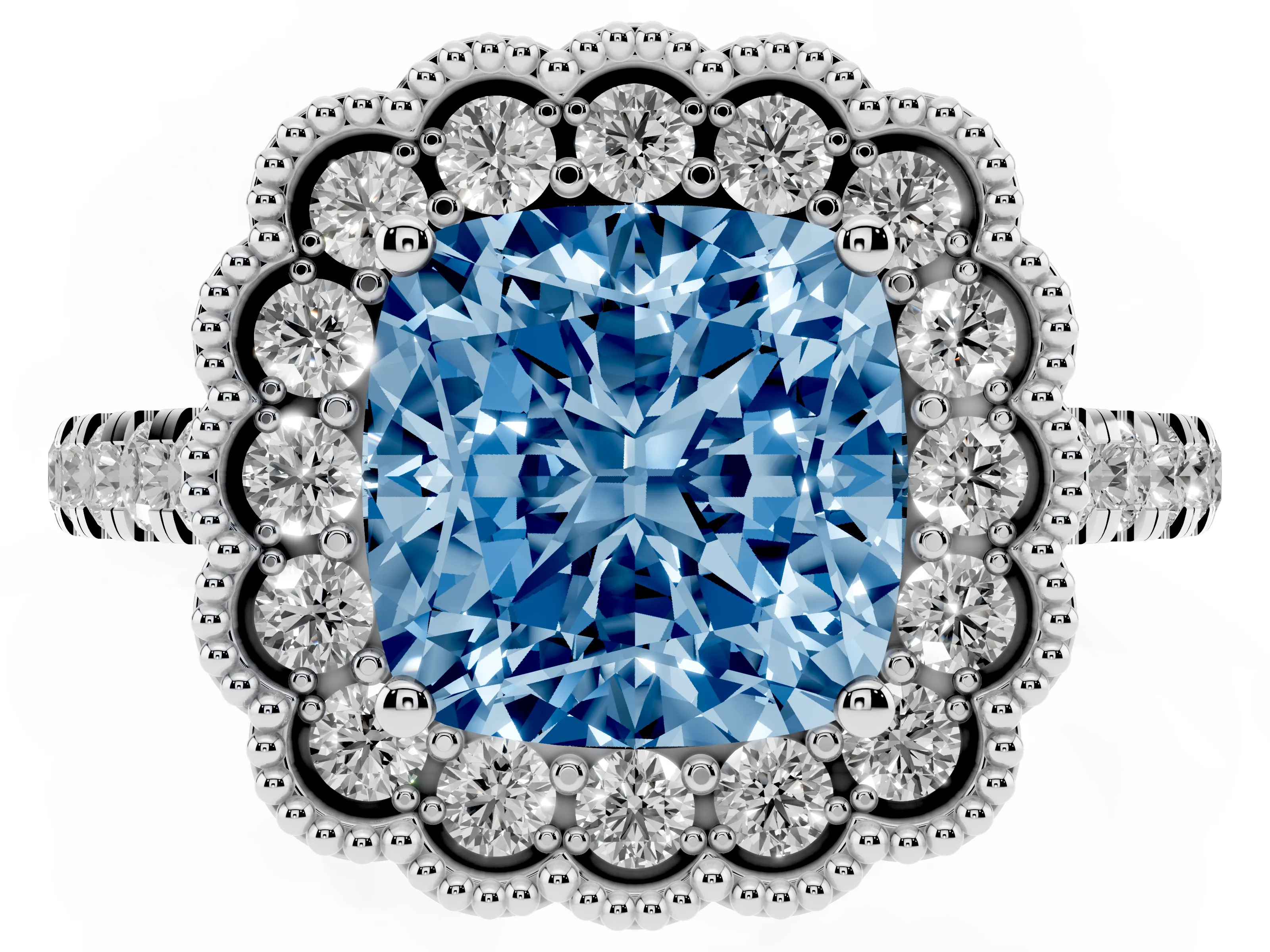 Fancy Blue Cushion Cut Diamond Milgrain Floral Halo Engagement Ring Set in White gold with Pavé Band