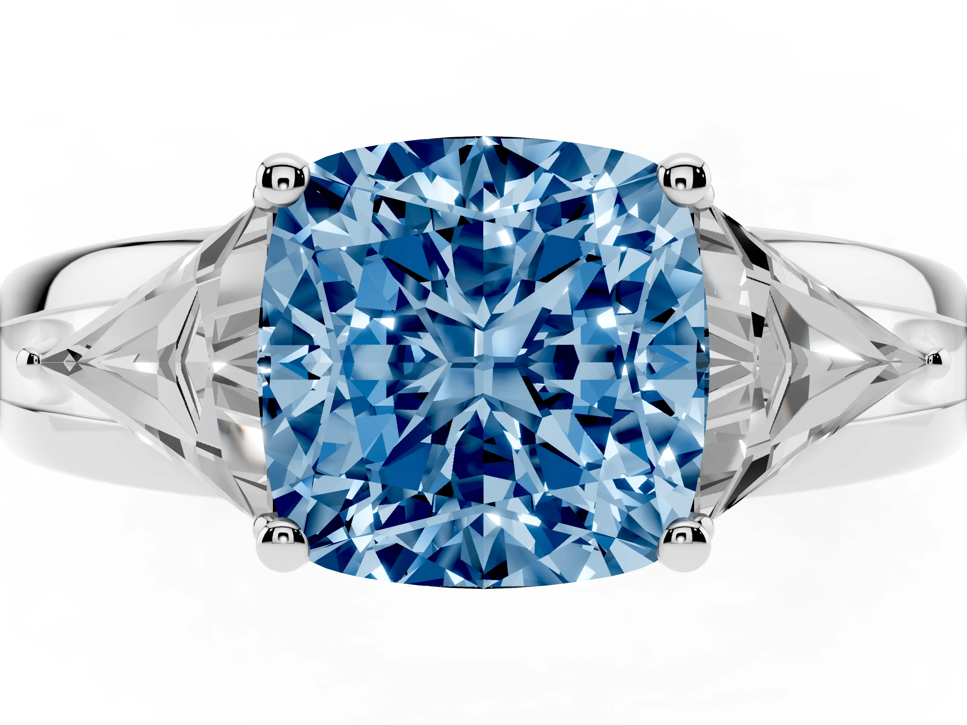 Fancy Blue Cushion Cut Diamond Three-Stone Ring Set in Platinum with Trillion Side Stones and Split Shank